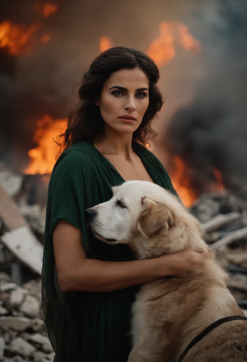 um soldado na guerra, looks at the camera with tears in her eyes, In your arms sleeps a , segurando rosas, ao fundo a bandeira de Israel rasgada, City on fire in bombed-out ruins