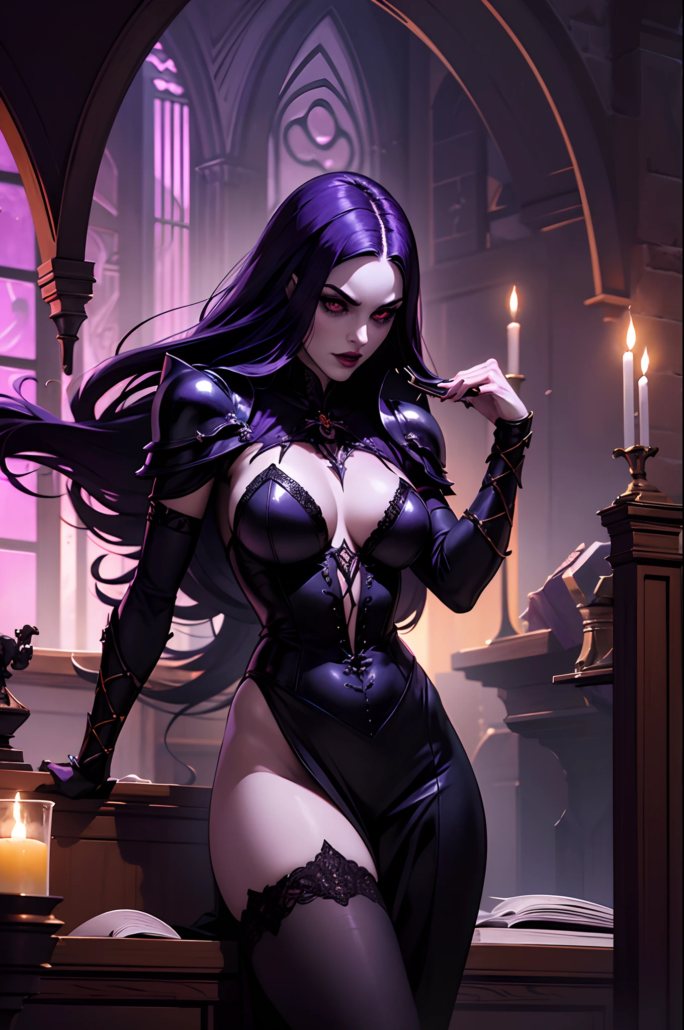 Uma personagem vampira vestindo sobretudo, Own, vestir, cabelo longo, poderosa, laboratory, pergaminhos , livros, Volumes, Criaturas, mesa de estudos, 8k, capuz, dramatic scene, Magnificent, Purple Gothic Armor.