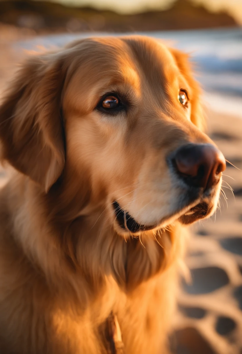 Create a Disney Pixar personal as an adult male golden retriever dog, com os olhos castanhos e brilhantes e feliz, com pelos arrepiados entre os olhos. Plano de fundo praia.