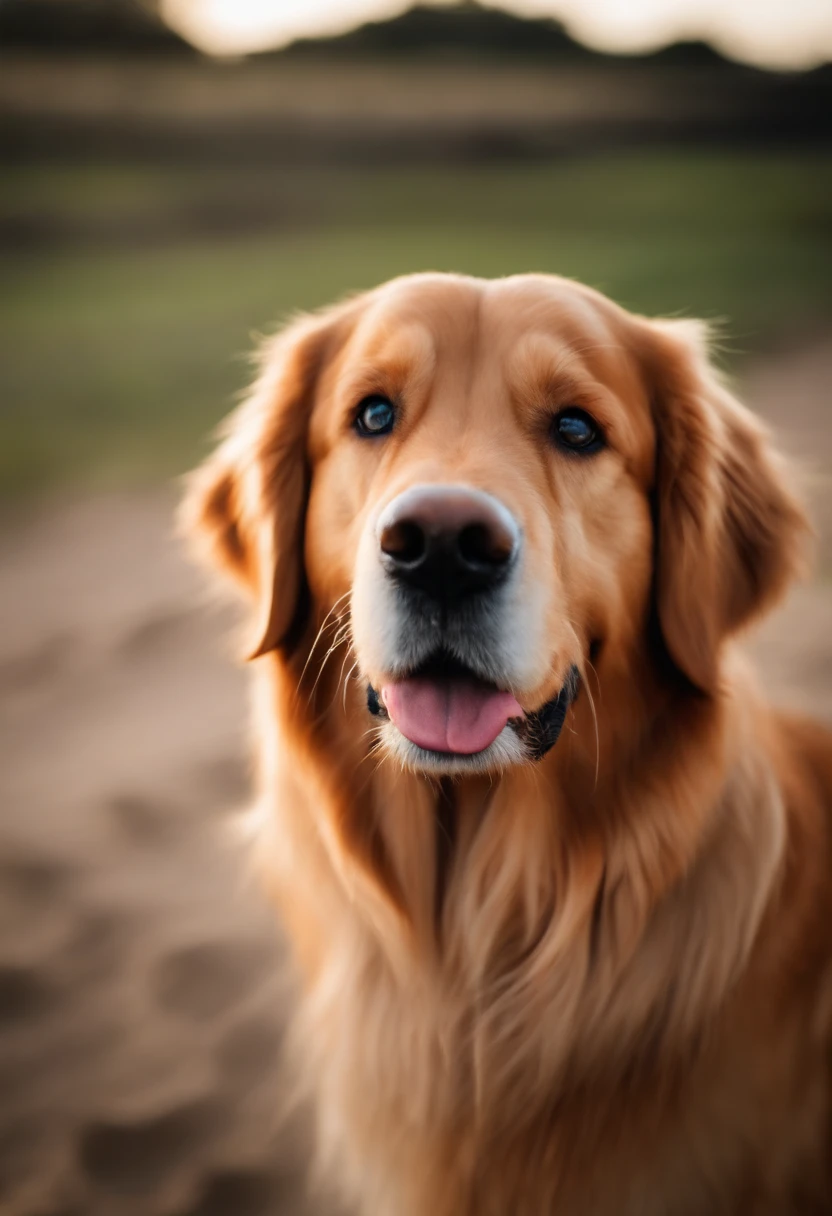 Create a Disney Pixar personal as an adult male golden retriever dog, com os olhos castanhos e brilhantes e feliz, com pelos arrepiados entre os olhos. Plano de fundo praia.