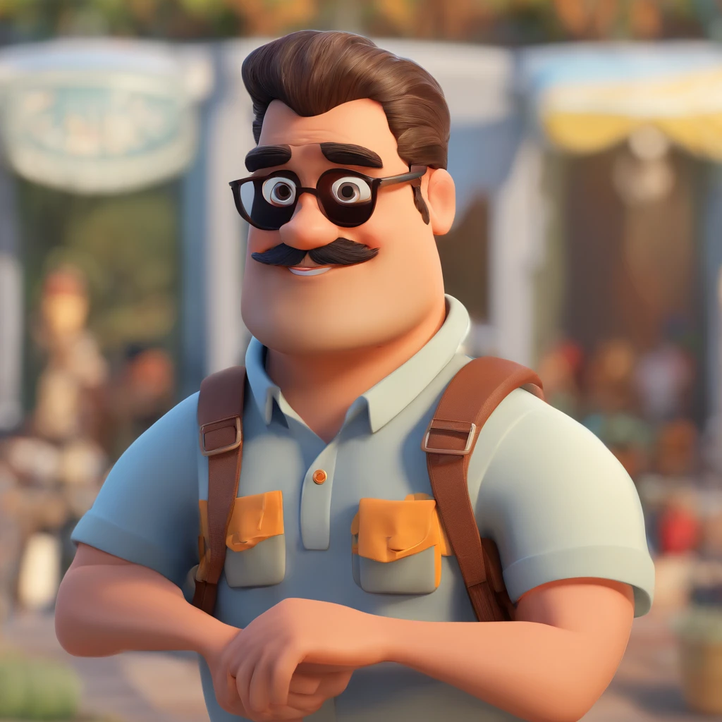 Criar um personagem no estilo Pixar. Trata-se de um homem de 30 anos, com barba ralo, moreno, cabelo castanho escuro curto, sun glasses