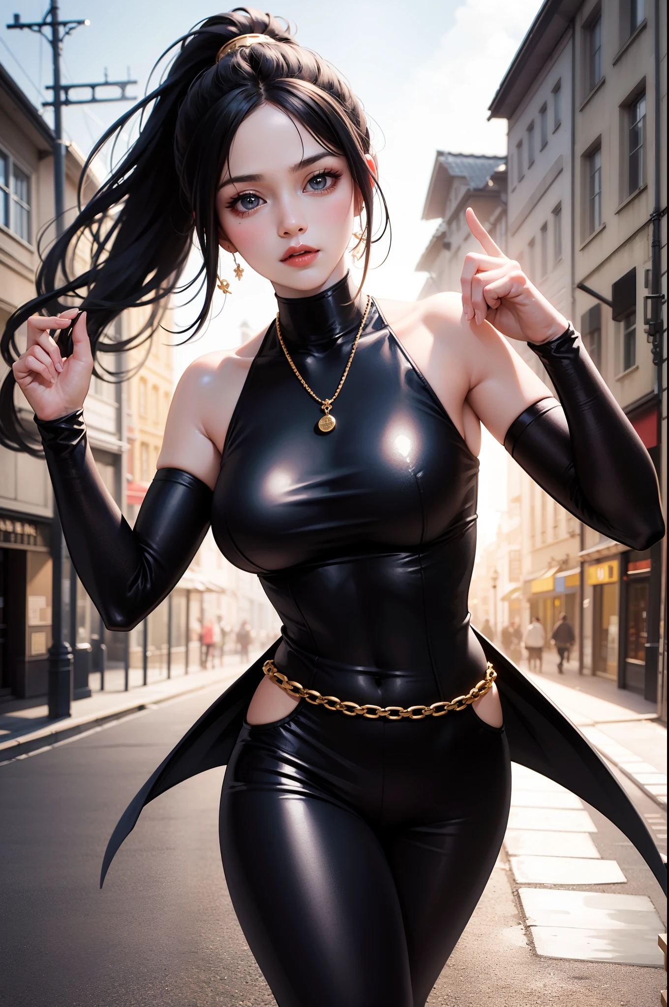 8K-Hintergrundbild eines geheimnisvollen, Gorgeous masked kunoichi ninja with eyeliner and gold jewelry in the streets of a dark, verschneiten Stadt in Russland , von Artgerm , komplizierte Details , Trend auf Artstation , 8K , fluid movement , atemberaubende Schattierung , von Wlop