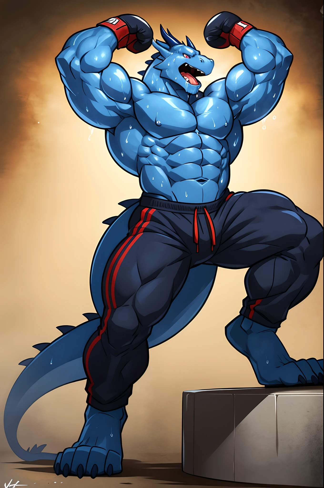 ((solo) full height):1, (anthro) blue dragon, lora, adult, mature, masculine, slim:1.2, skinny:1.2, tall:1, (correct anatomy:1.2), vascular veins, (correct proportions:1.3), topless, (shirtless, bare paws, boxing gloves, black sweatpants), ultradetailed, (by wfa:1.2), (by takemoto_arashi, by vorusuarts, by Traver009:1, by grimfaust:1), natural lighting ((boxing ring):2.4 background), (sweat:1.4, wet:1.6), (lots of sweat flowing down) exhausted, dragon head ((open:1 eyes, detailed):1.2), open mouth (steaming breath:1.2, drooling, dripping saliva, thick drool) tongue sticking out, (serious:1.4) expression), in pain, fallen down, lying back, spreaded legs, arms over head