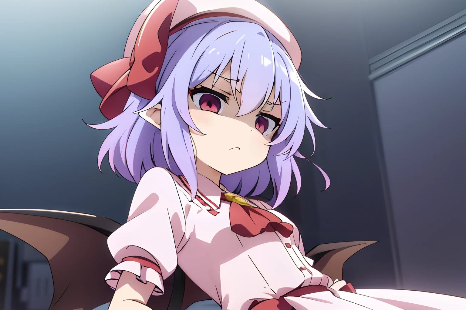 Anime style、Best Quality, 1girl in, Solo, (Remilia Scarlett staring at the camera)、From upper body up、beautiful countenance、Straight face、((Short sleeves))、Petite、childish、White dress style shirt、dead eyes