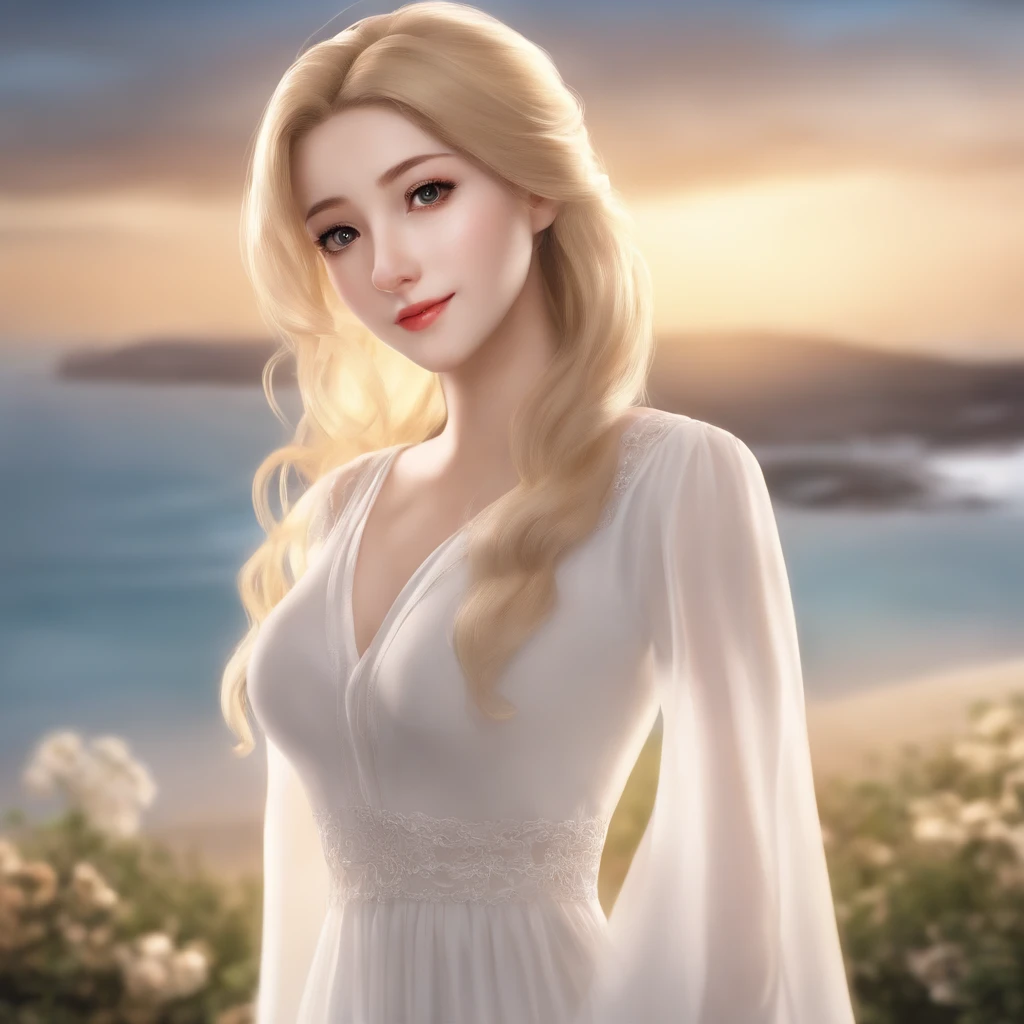 a photo of a , style anime, A girl 25 years , Long blonde hair below the shoulders, The face is oval , Pointed chin, The nose is not large , Lips of medium swelling , The eyes are large, not much squinted , Brown , Eyebrows are perfect, high forehead , Not much below the neck on the right is a mole, Average height , Breasts 2 sizes, white see-through dress , Full-length , Background sea , hiquality, hight resolution .