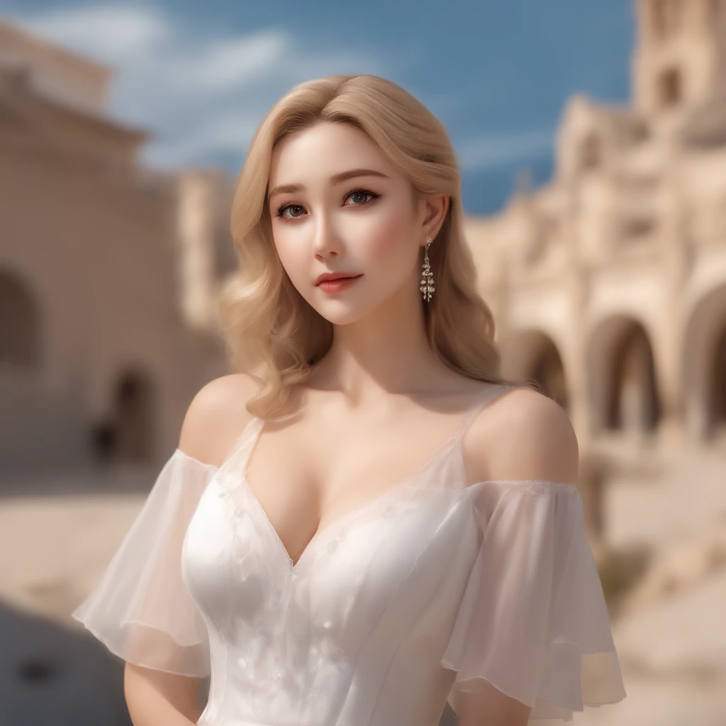 a photo of a , style anime, A girl 25 years , Long blonde hair below the shoulders, The face is oval , Pointed chin, The nose is not large , Lips of medium swelling , The eyes are large, not much squinted , Brown , Eyebrows are perfect, high forehead , Not much below the neck on the right is a mole, Average height , Breasts 2 sizes, white see-through dress , Full-length , Background sea , hiquality, hight resolution .