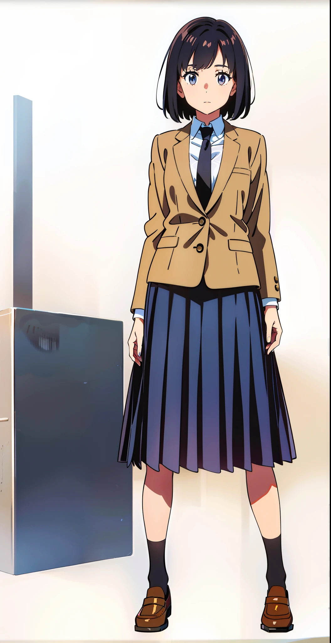 (white background:1.0), (best quality:1.0), (masterpiece:1.0), (full body:1.0), (solo:1.0), (a 18yo cute girl:1.0), (long skirt:1.0), (dark blue skirt:1.0), (pleated skirt:1.0), (school uniform beige blazer:1.0), (dark blue necktie:1.0), (black socks:1.0), (loafers:1.0), (lanky:1.0), (tall:1.1), (slender:1.0), (small breasts:1.0), (detailed beautiful eyes:1.0), (detailed beautiful face:1.0), (glowing black eyes:1.0), (bob cut hair:1.0), (black hair:1.0), (standing:1.0), (looking at viewer:1.0)