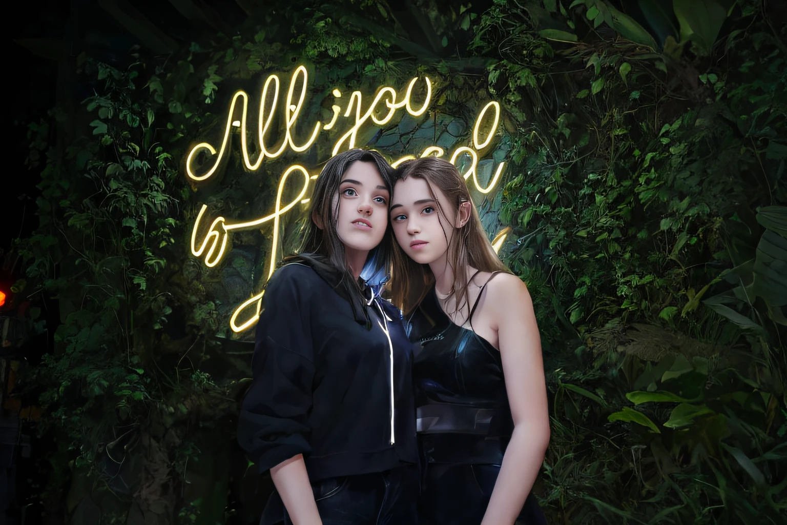 transforme a imagem no estilo disney/pixar, Whereas the following description: There are two women standing next to each other in front of a wall, by Almeida Júnior, neon signs in background, with neon signs, imagem de perfil, Todos os direitos reservados, neon lights around, Duas mulheres bonitas no amor, altura total, pano de fundo, Alana Fletcher, lindamente iluminado, Alena Aenami e Lilia Alvarado, imagem de alta qualidade