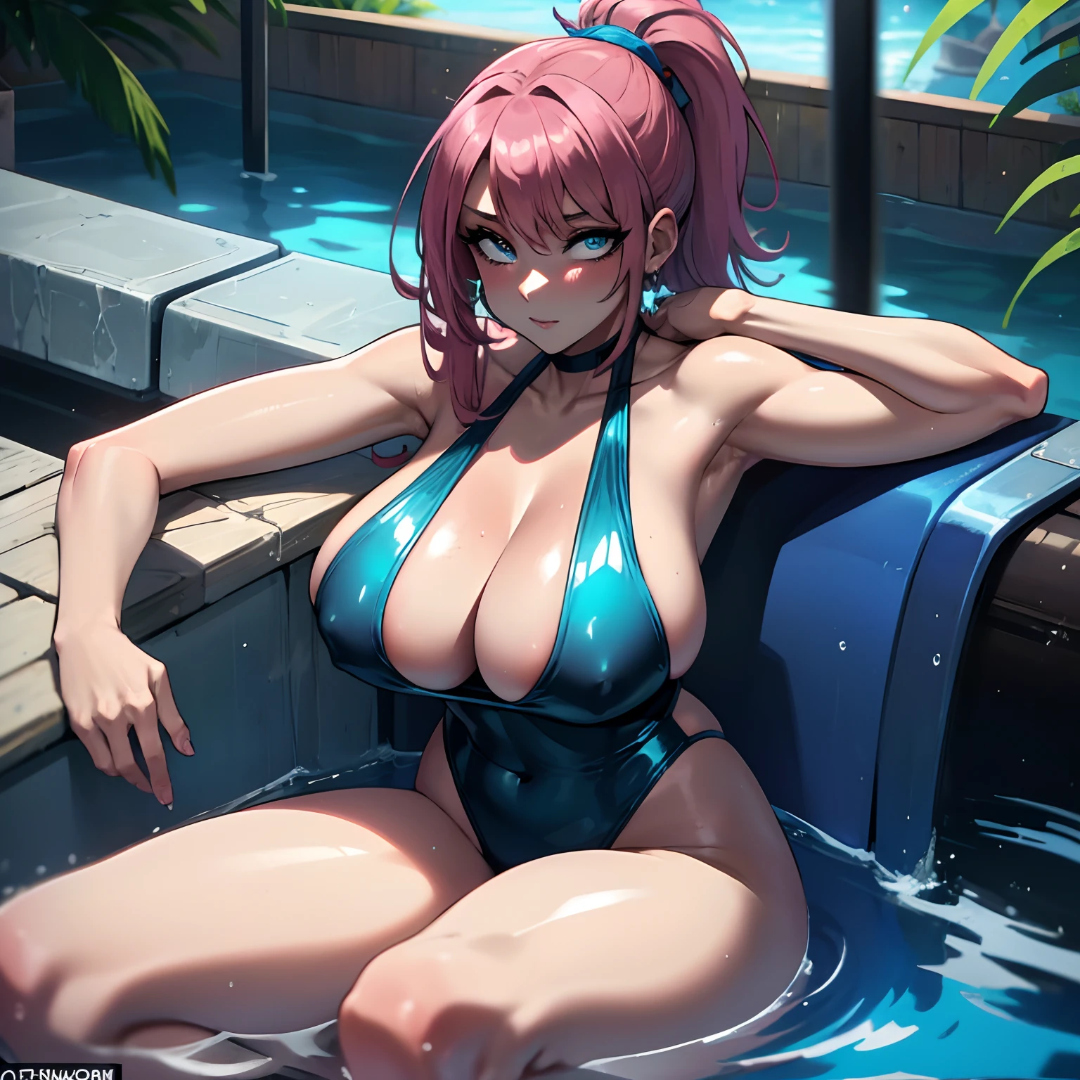 (one female: 1.5) wearing metallic neon pink one piece swimsuit, brown long ponytail, beautiful blue eyes, showing cleavage, sitting alone in jacuzzi in back yard of house, alone (SOLO: 1.5),(ALONE: 1.5), large chest, curvy, perfect body close shot, best quality:1.5, sexy legs, hide hands behind back, sagging boobs, soft smile, blushing