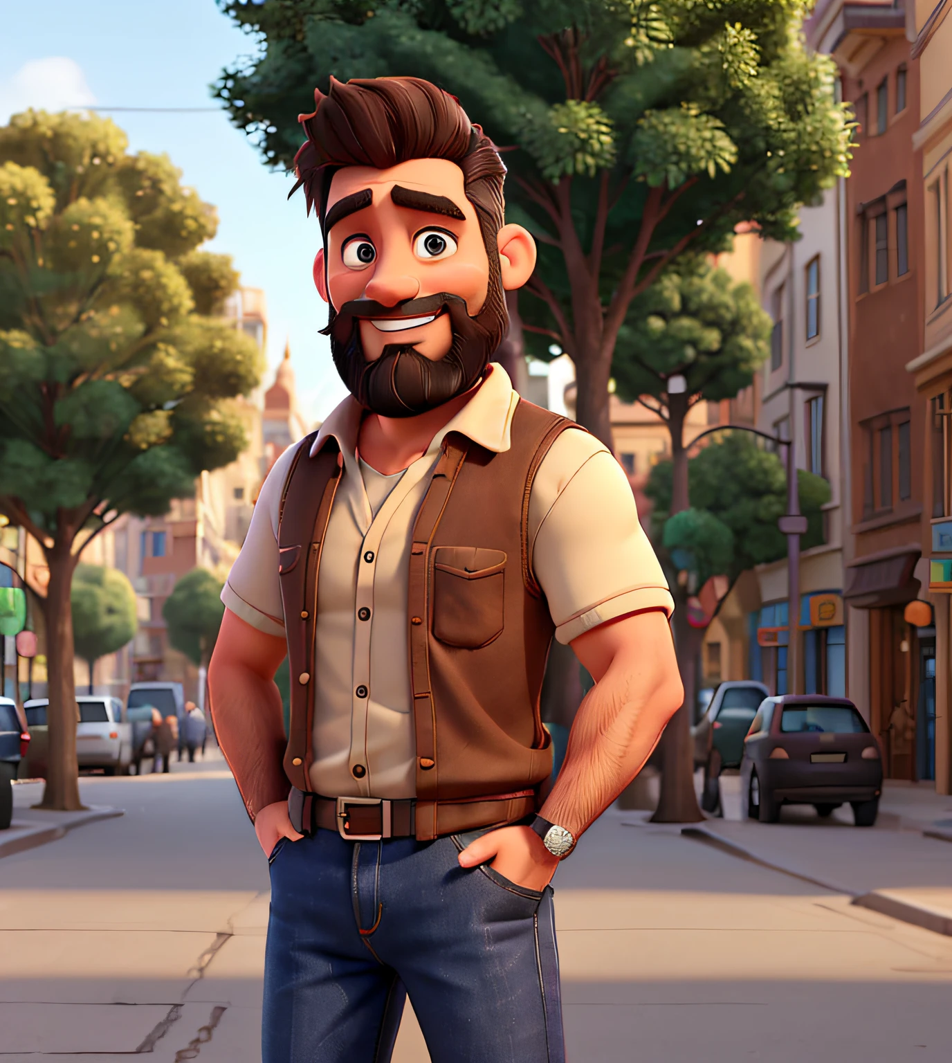 man 40 year old with short beard and short hair, brown eyes, smily face, shirt with rolled up sleeves and dark jeans a few white hairs in his head and beard, lean physic, in a disney like scenario, in the midle of a street, in a city full of trees