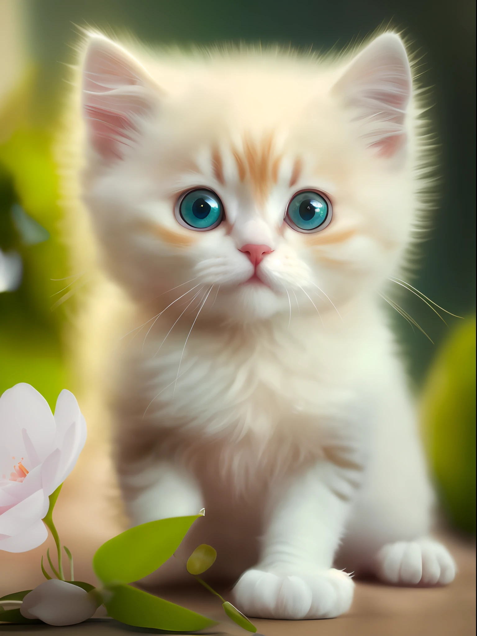 A white kitten sits next to a pink flower, adorable digital painting, cute detailed digital art, adorable digital art, Cats. digital painting, very detailed digital painting, Beautiful digital painting, Surreal illustrations, Soft Digital Painting, gorgeous digital painting, hyper-realistic photo, very detailed digital painting, detailed digital painting, Cute cat, realistic illustration, Stunning digital painting