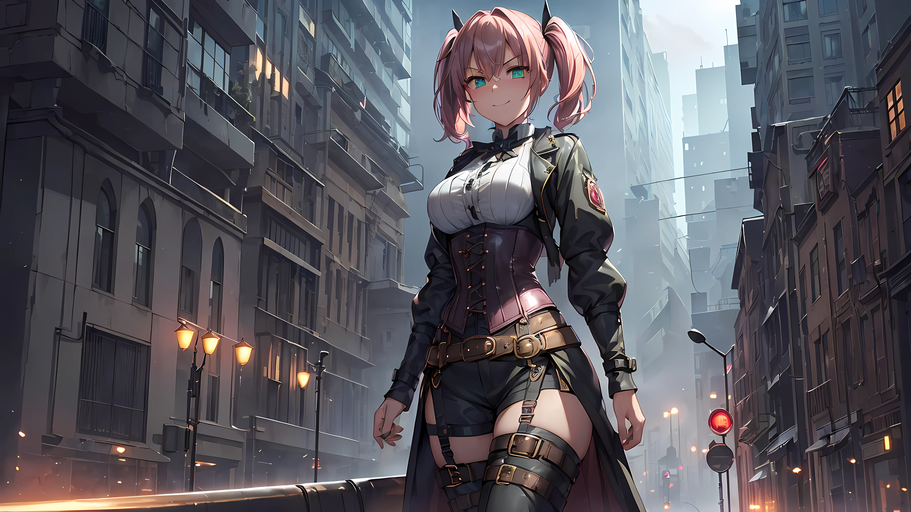 masterpiece, 1girl ((20year old, dressed in tight steampunk attire, corset, boots, medium breasts, multicolor pink hair, twin ponytails, perfect model body:1.3, detailed green eyes:1.5, flirting, happy, big smile, standing in a dystopian city street, surrounded by dystopian steampunk inspired buildings in the background:1.3, ominous and exciting atmosphere:1.2)) ((solo:1.6)) ((evening time))