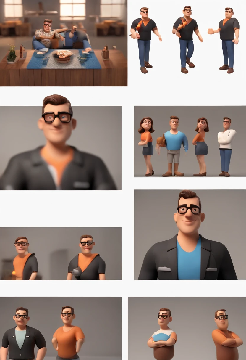 Cartoon character of a man wearing black glasses and a blue shirt, um personagem animado, Caractere estilizado, animation style rendering, 3D estilizado, Arnold Maya render, 3 d render stylized, toon render keyshot, Personagem 3D, Personagem 3D, 3d rendering stylized, 3 d character render, personagem de desenho animado, Personagem de close up, Pose de personagem, (Estilo Pixar) (master part:1.2) (Bokeh) (best quality) (pele detalhada) (textura detalhada) (8k) (argila) (Cinematic lighting) (foco nítido，Senta e vaza a parte superior do corpo