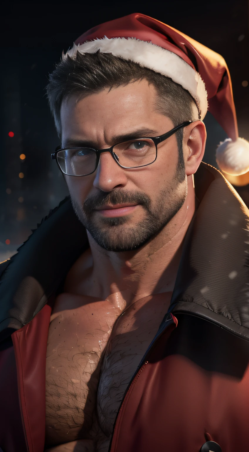 An award-winning original photo,A wild muscular man, (40 years old daddy:1.1), 1boy, Solo, (Santa's coat), (wearing red Christmas hat) (big shoulders), musculature, stubbles, Short beard, Beautiful eyes:1.3, ), (Detailed face:1.3), wearing glasses, smiles, Dynamic Angle, volumetric lighting, (Best quality, A high resolution, Photorealistic), Cinematic lighting, Masterpiece, RAW photo, Intricate details, hdr, depth of field, upper body shot