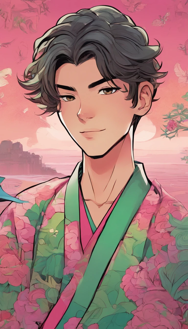 a boy, wearing a pink kimono with green details, with short undercut brown hair, the background is completely multicolored with various shades of pink, with a very visible pink stone, very nice, intricate details.