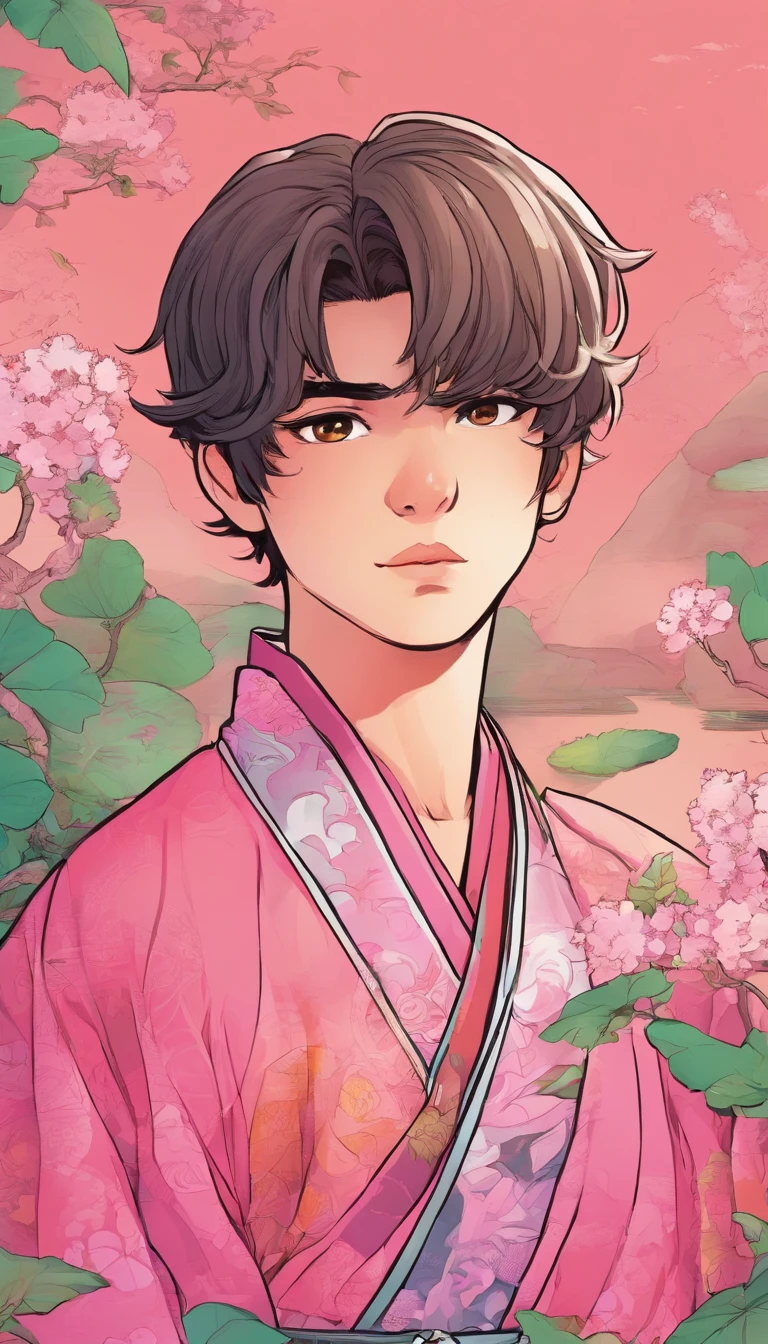 a 14-year-old boy, wearing a pink kimono with green details, with short undercut brown hair, the background is completely multicolored with various shades of pink, with a very visible pink stone, very nice, intricate details.