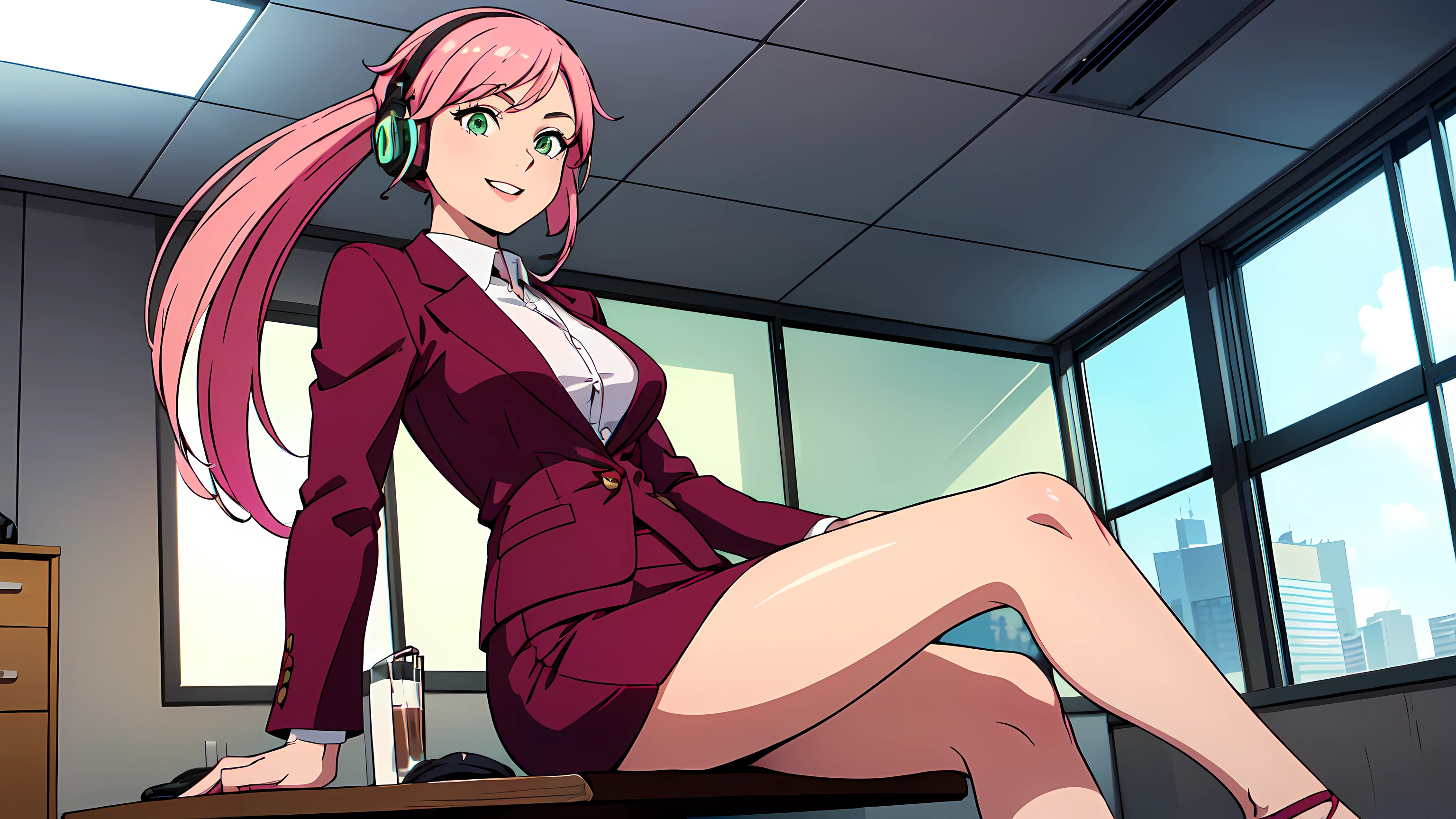 ​masterpiece, 1girl ((20year old, dressed in a tight red business suit, business suit jacket, tight white shirt, tight knee length business skirt1:2, high heels, medium breasts, multicolor pink hair, twin ponytails, perfect model body, green eyes:1.5, flirting, happy, big smile, wearing headphones, sitting in a modern business office suite:1.2, with windows in the background:1.3, professional and casual atmosphere:1.2)) ((solo:1.6))