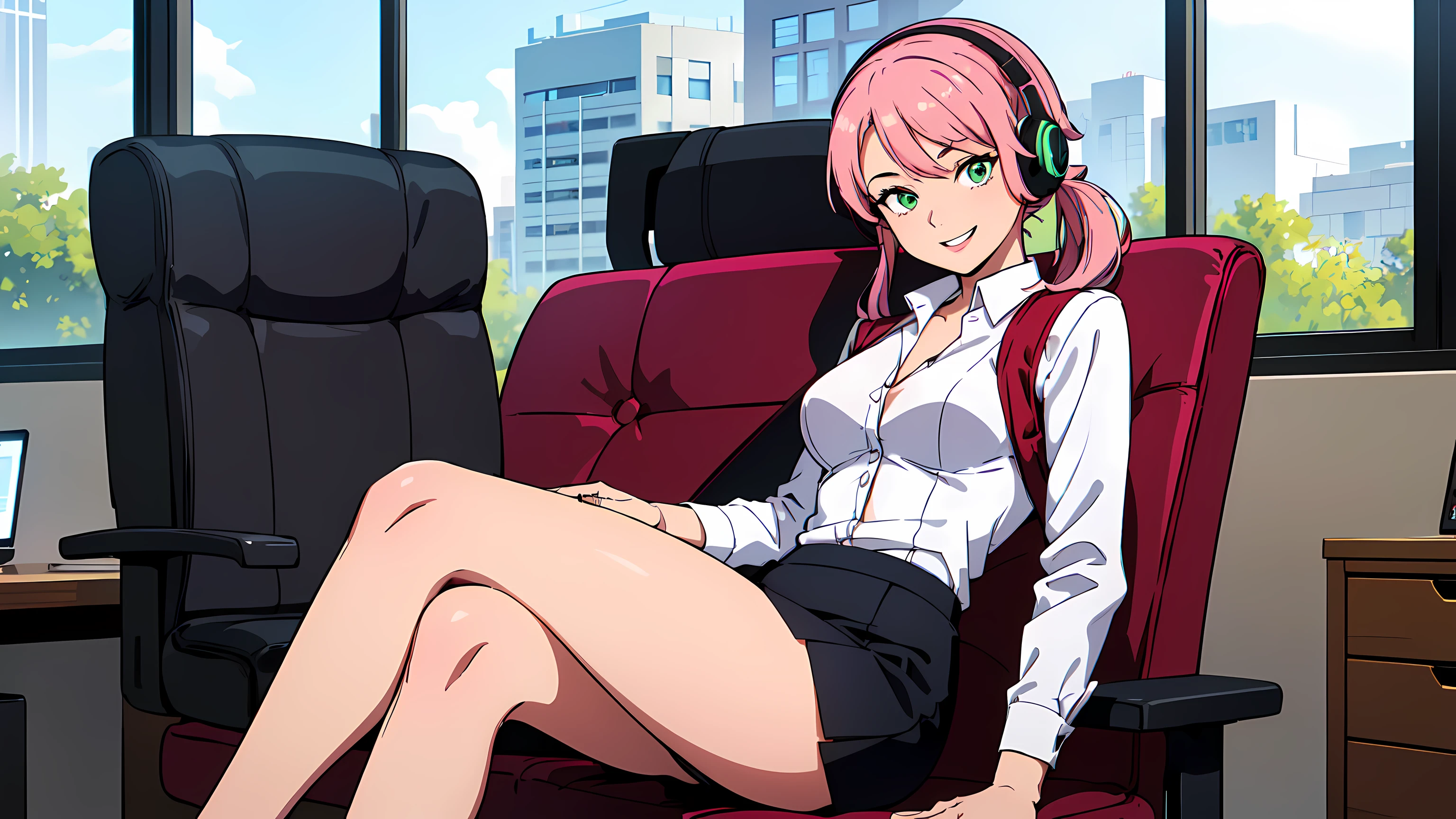 masterpiece, 1girl ((20year old, dressed in a tight red business suit, business suit jacket, tight white shirt, tight knee length business skirt1:2, high heels, medium breasts, multicolor pink hair, twin ponytails, perfect model body, green eyes:1.5, flirting, happy, big smile, wearing headphones, sitting in a modern business office suite:1.2, with windows in the background:1.3, professional and casual atmosphere:1.2)) ((solo:1.6))
