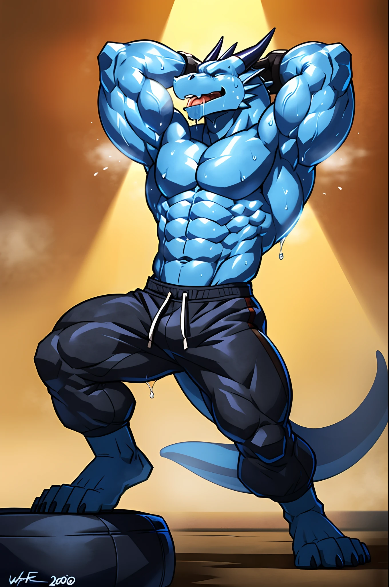 ((solo) full height):1, (anthro) blue dragon, lora, adult, mature, masculine, slim:1.2, skinny:1.2, tall:1, (correct anatomy:1.2), vascular veins, (correct proportions:1.3), topless, (shirtless, bare paws, boxing gloves, black sweatpants), ultradetailed, (by wfa:1.2), (by takemoto_arashi, by vorusuarts, by Traver009:1, by grimfaust:1), natural lighting ((boxing ring):2.4 background), (sweat:1.4, wet:1.6), (lots of sweat flowing down) exhausted, dragon head ((open:1 eyes, detailed):1.2), open mouth (steaming breath:1.2, drooling, dripping saliva, thick drool) tongue sticking out, (serious:1.4) expression), in pain, fallen down, lying back, spreaded legs, arms over head