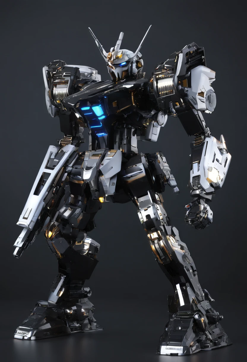Gundam Mecha, preto, Photographic Camera Style, science fiction, Front view, senso de tecnologia, c4d, Renderizador OC, Motor irreal, High detail, desenho industrial, HD 8K, studiolight, retro