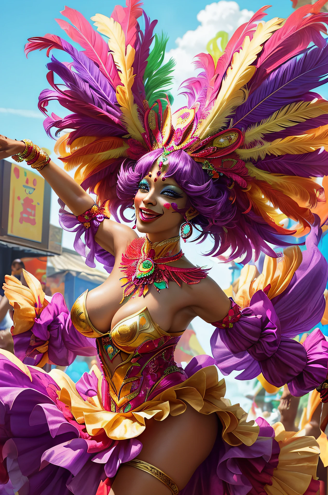 Describe a vibrant and alluring carnival woman in an extravagant costume. She is adorned in a flamboyant, feathered outfit with a headdress that reaches for the sky. Her attire is a riot of colors, including bright reds, purples, and gold. She exudes an air of mystery and excitement as she dances gracefully in the midst of the lively carnival crowd. The sounds of music, laughter, and the aromas of carnival food fill the air as she captivates the onlookers with her enchanting presence.