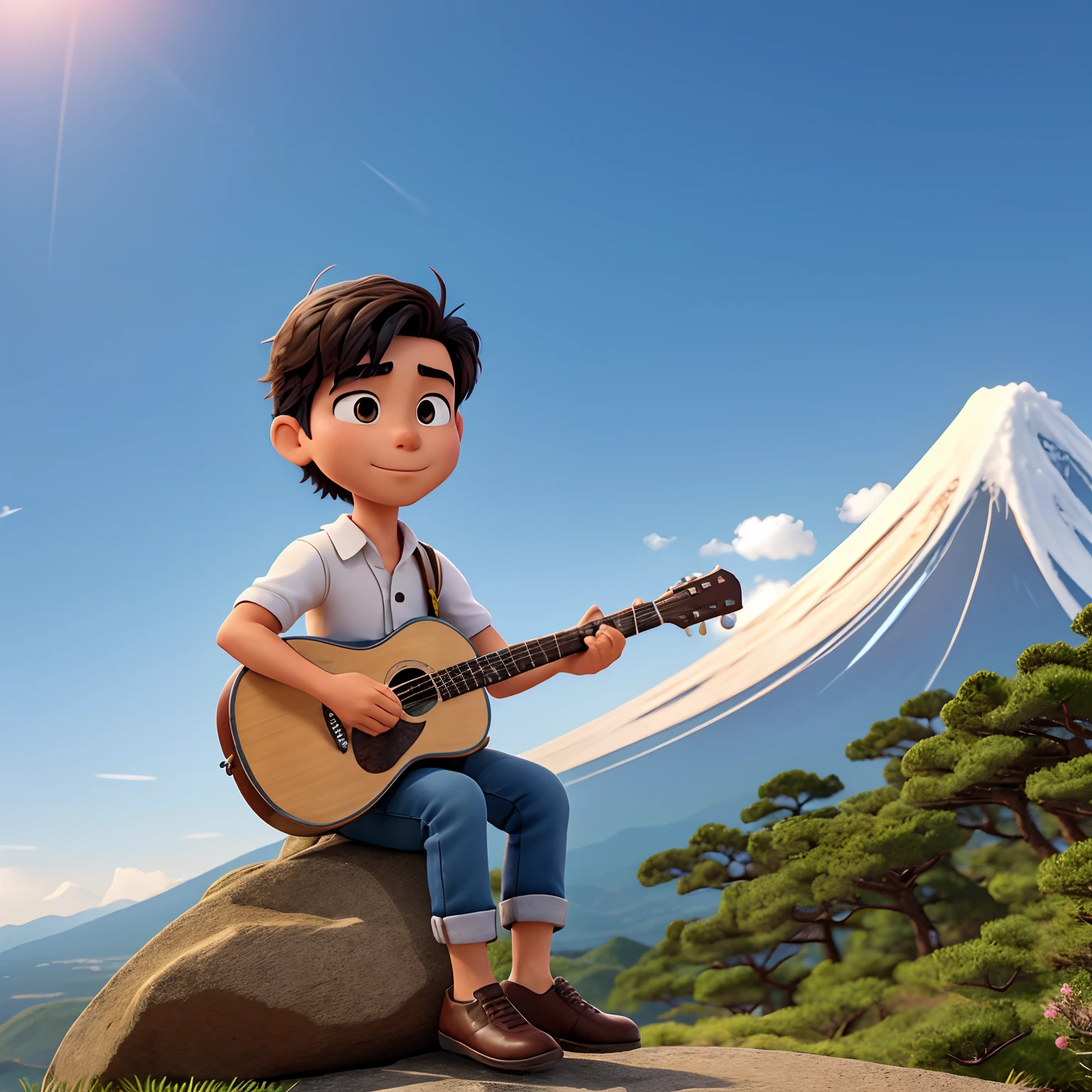 Masterpiece best quality male asian brazilian short hair playing guitar on top of mountain fuji in japan.