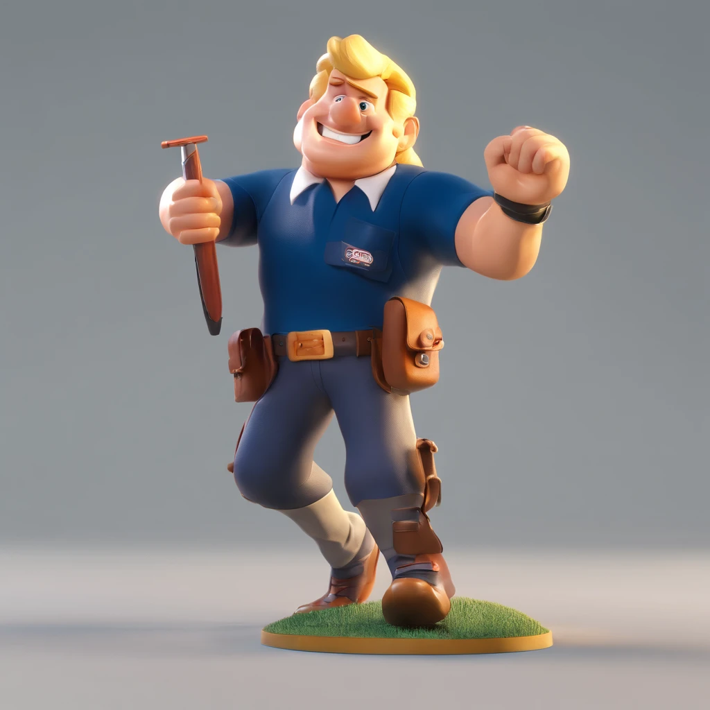 miniature of blond man 49 years old with navy blue polo shirt sales manager with a knife in his teeth and a rocket on his back carrying it upwards in disney pixar style