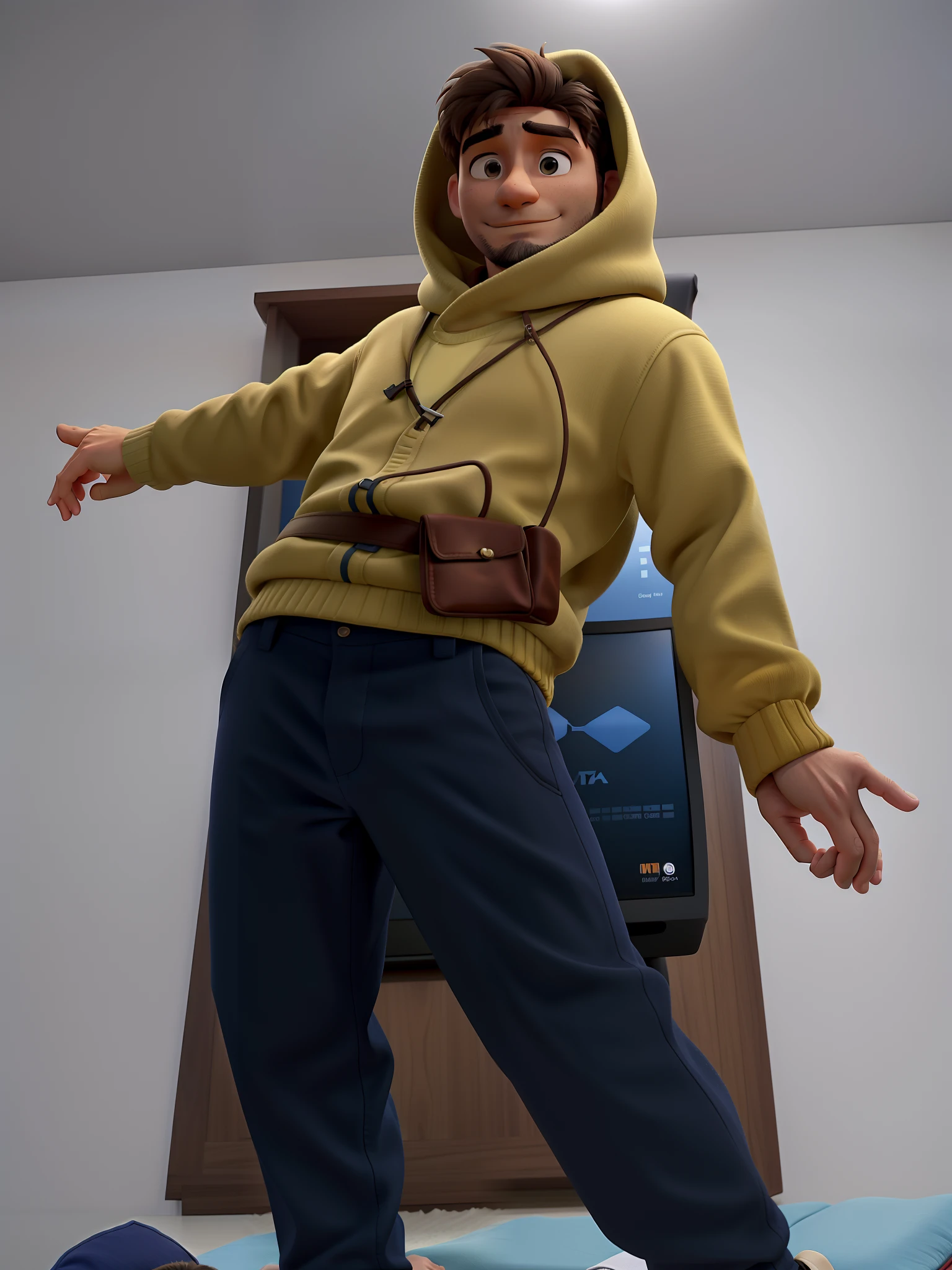 John Benedict, em cima da cama em frente ao um painel da tv mostrando sua roupa de frio