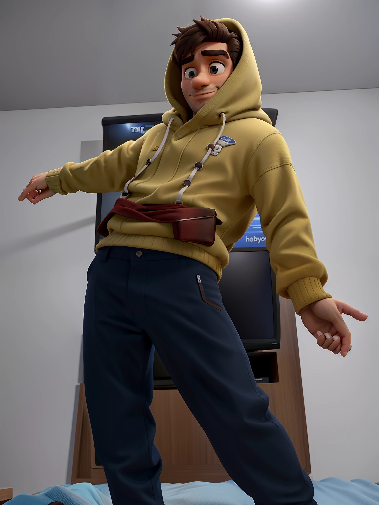 John Benedict, em cima da cama em frente ao um painel da tv mostrando sua roupa de frio