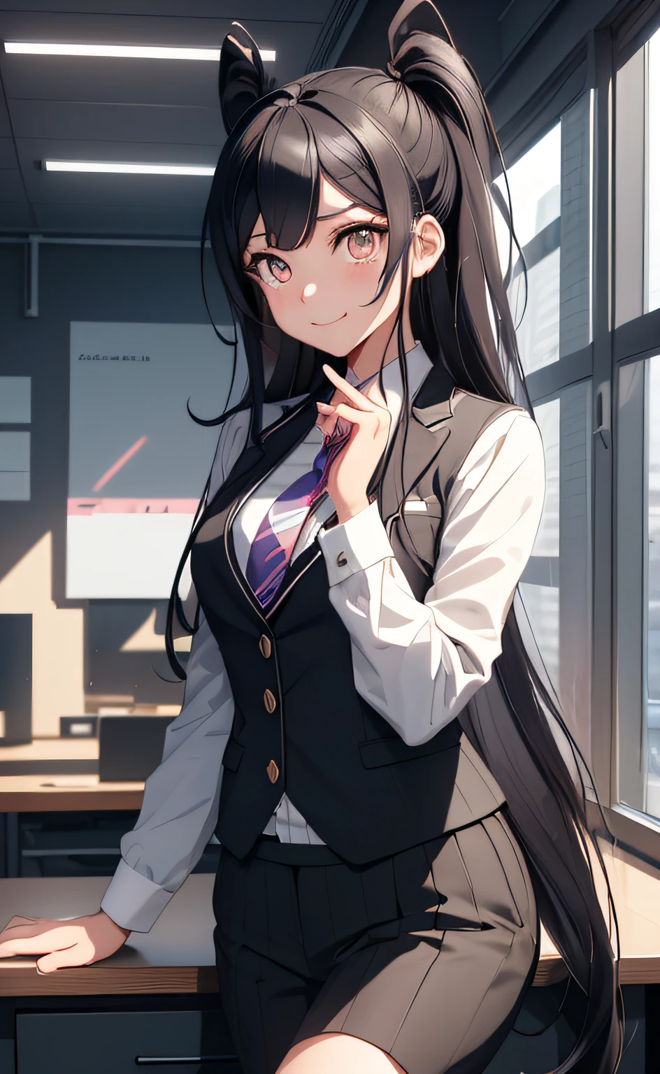 Mioda Ibuki /(Danganronpa/), bank ultra-detailed, masterpiece, illustration, 8k, masterpiece, realistic shadows, gradient, volumetric lighting, cute, ambient lighting, cowboy shot, colorful, beautiful detailed eyes 1girl, solo, (original outfit), smile, {office background}, formal suit