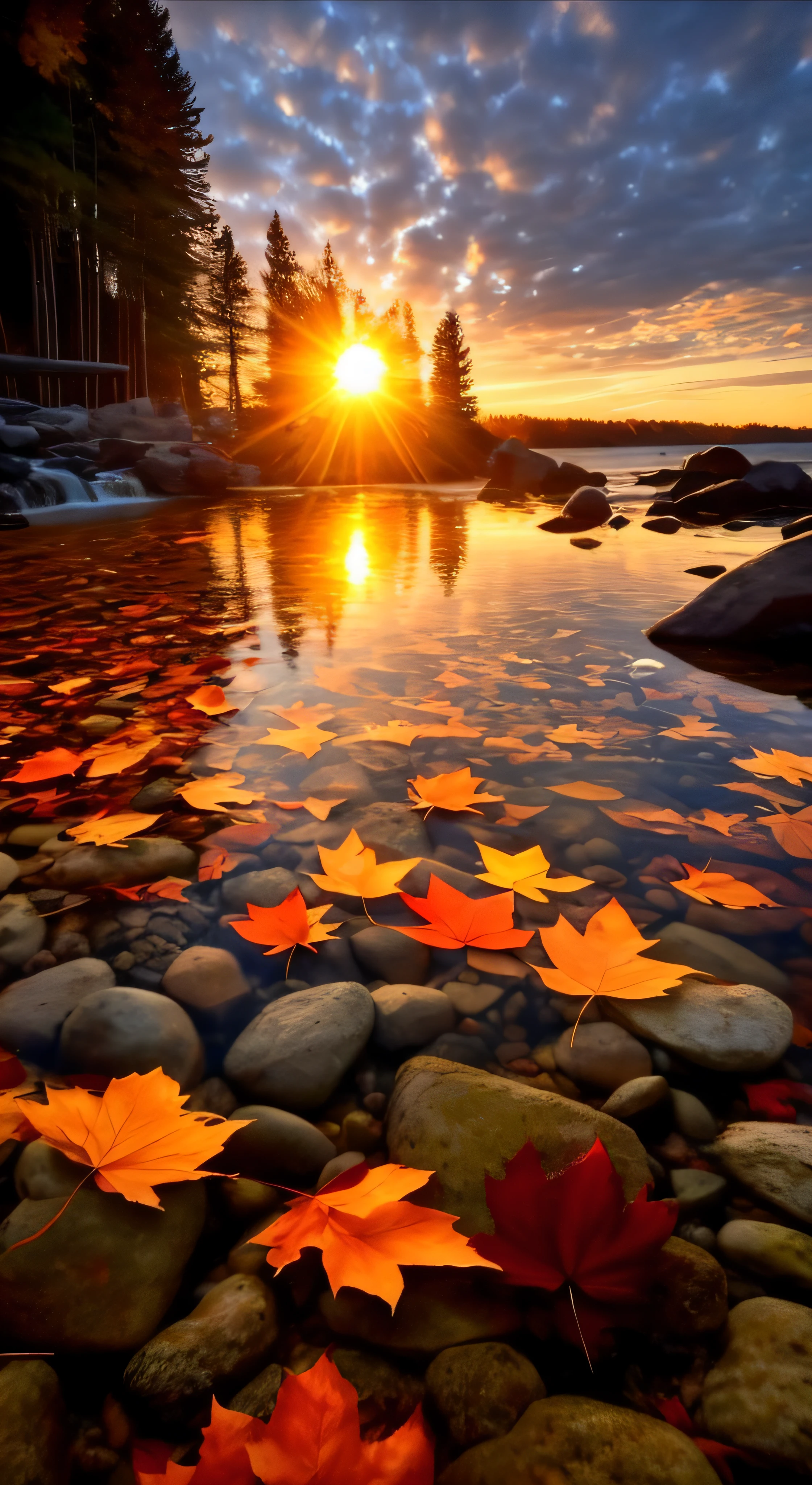 Close-up of a river，There are rocks and leaves on the water, sunset with falling leaves, autumn sunset, autumn tranquility, at sunset in autumn, warm beautiful scene, soft autumn sunlight, autumn sunlights, autumn sunrise warm light, Beautiful nature, autumn light, Nature wallpaper, Autumn light colors, Glowing Leaves, Autumn lights, beautiful sunset glow, setting in nature