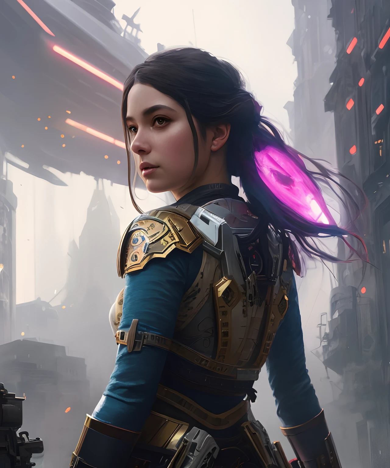 (extremely detailed photo 8k), full body shot photo of the most beautiful artwork in the world, beautiful woman medic, cleavage, (wearing elegant futurist colorful clothing), cinematic lighting, very detailed face and eyes, elaborate  sci fi fantasy background, high-quality photo, photorealistic painting by Ed Blinkey, Atey Ghailan, Studio Ghibli, by Jeremy Mann, Greg Manchess, Antonio Moro, trending on ArtStation, trending on CGSociety, Intricate, High Detail, Sharp focus, dramatic, photorealistic painting art by midjourney and greg rutkowski