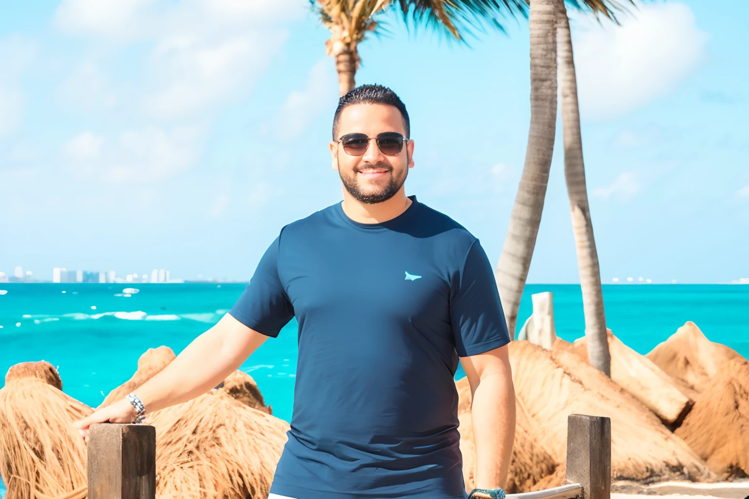 There's a man standing on a beach in a blue shirt, paradise in the background, oceano ao fundo, vacation photo, palmeiras no fundo, posando em uma praia com o oceano, standing near the beach, O oceano ao fundo, com palmeiras nas costas, standing at the beach, foto de perfil 1024px, imagem do avatar