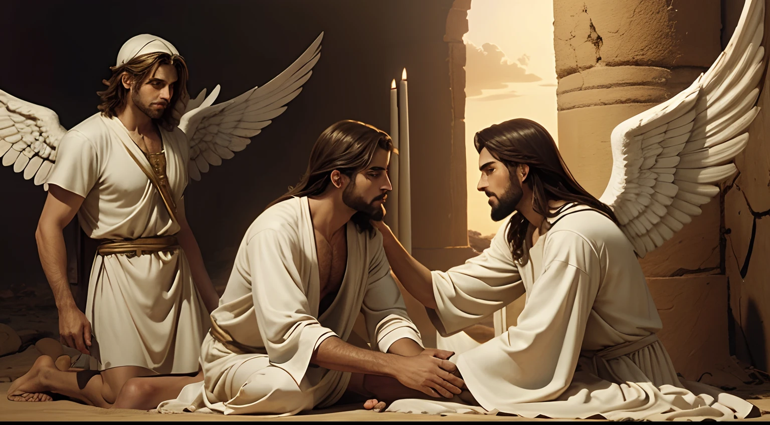 Serving Angels: A final desert scene depicting male angels serving and caring for Jesus Christ after temptation, symbolizing divine support after the ordeal.