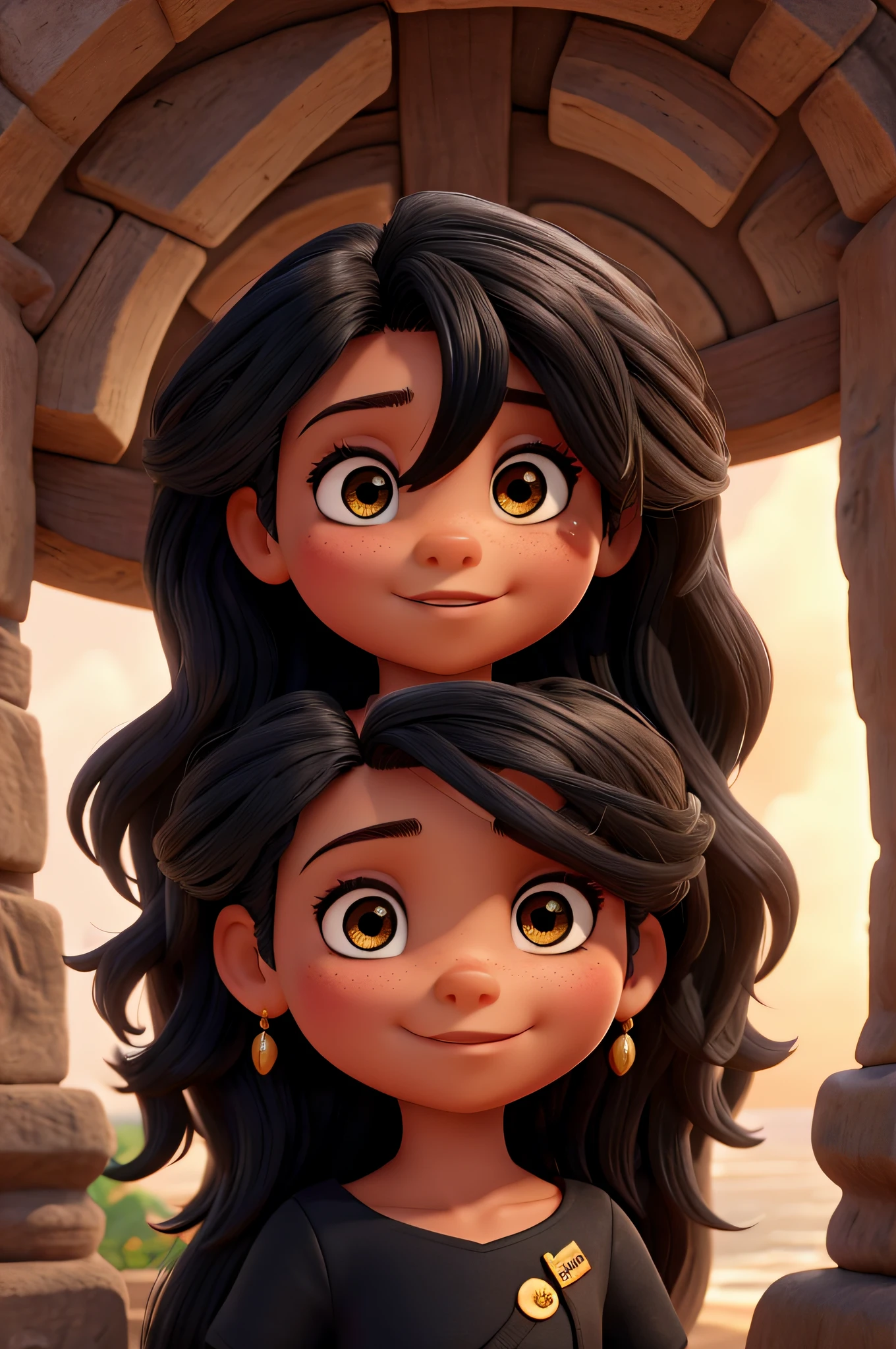 uma mulher,de pele clar, Long-haired, black, dark-eyed, and a fair-skinned , cabelos longos pretos olhos escuros, tirando self em frente ao castelo da disney, estilo disney pixar, alta qualidade,melhor qualidade