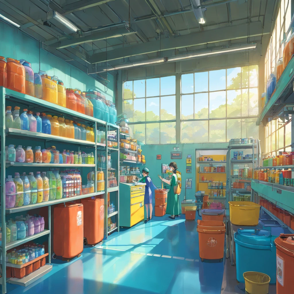Interior design of an automotive cleaning products factory, (Estilo Pixar), Parque Fábrl, esteiras de produtos, Industries Machines, Modern factory, 3D render. Maya 3D, equipamentos na cor azul, People working in the factory, pesonagens com uniformes azul