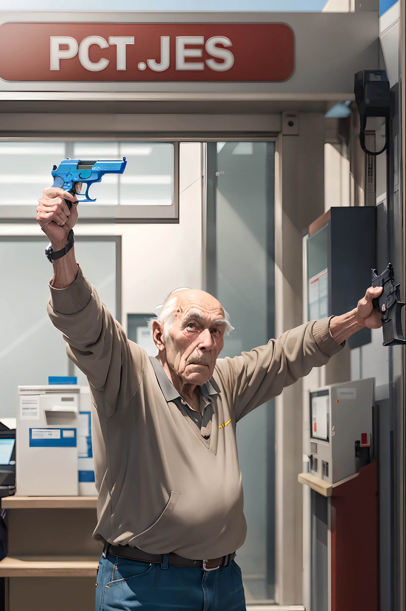 An old man with a handgun stands at the post office、Top image quality、Real Detail、8K、opening fire、pistols、jpn、Saitama、