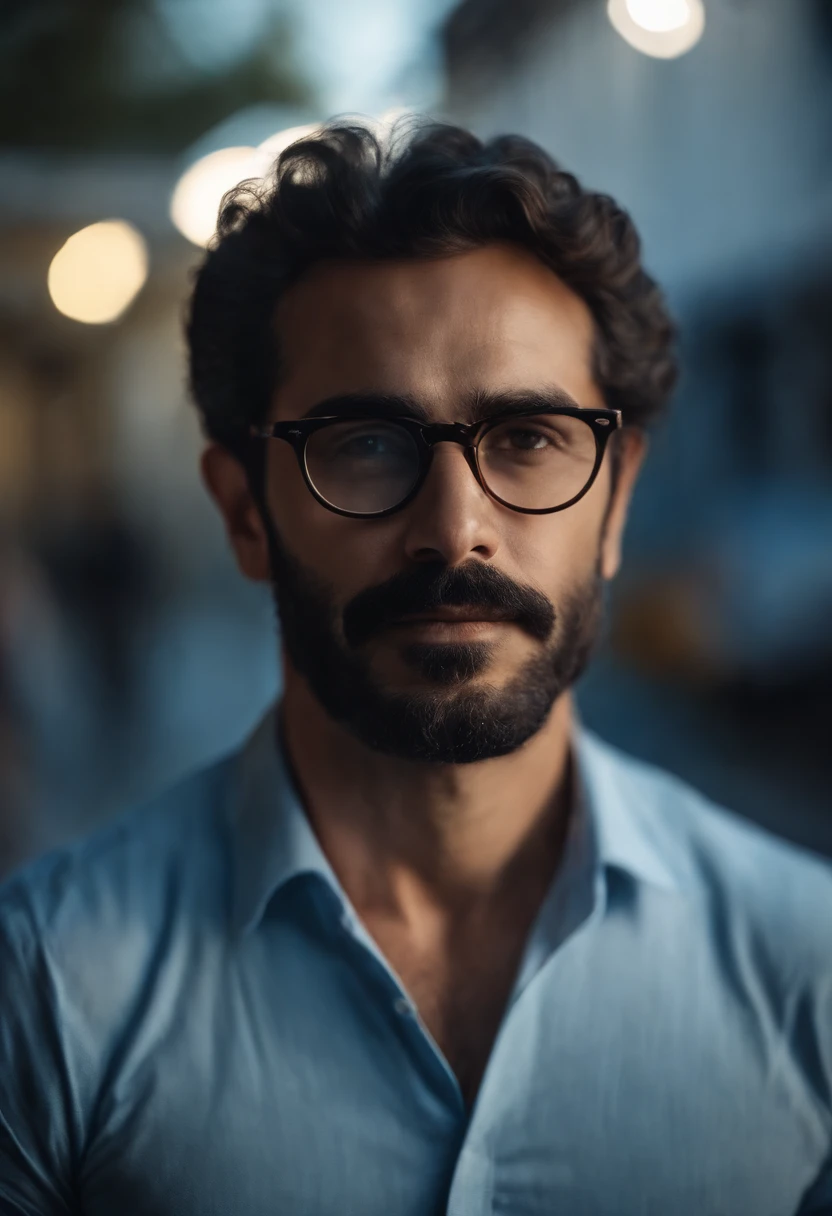 Obra-prima, de melhor qualidade. Homem careca, Eyeglasses, olhos azuis, barba grisalha, muito feliz, gordinho. Camisa azul clara