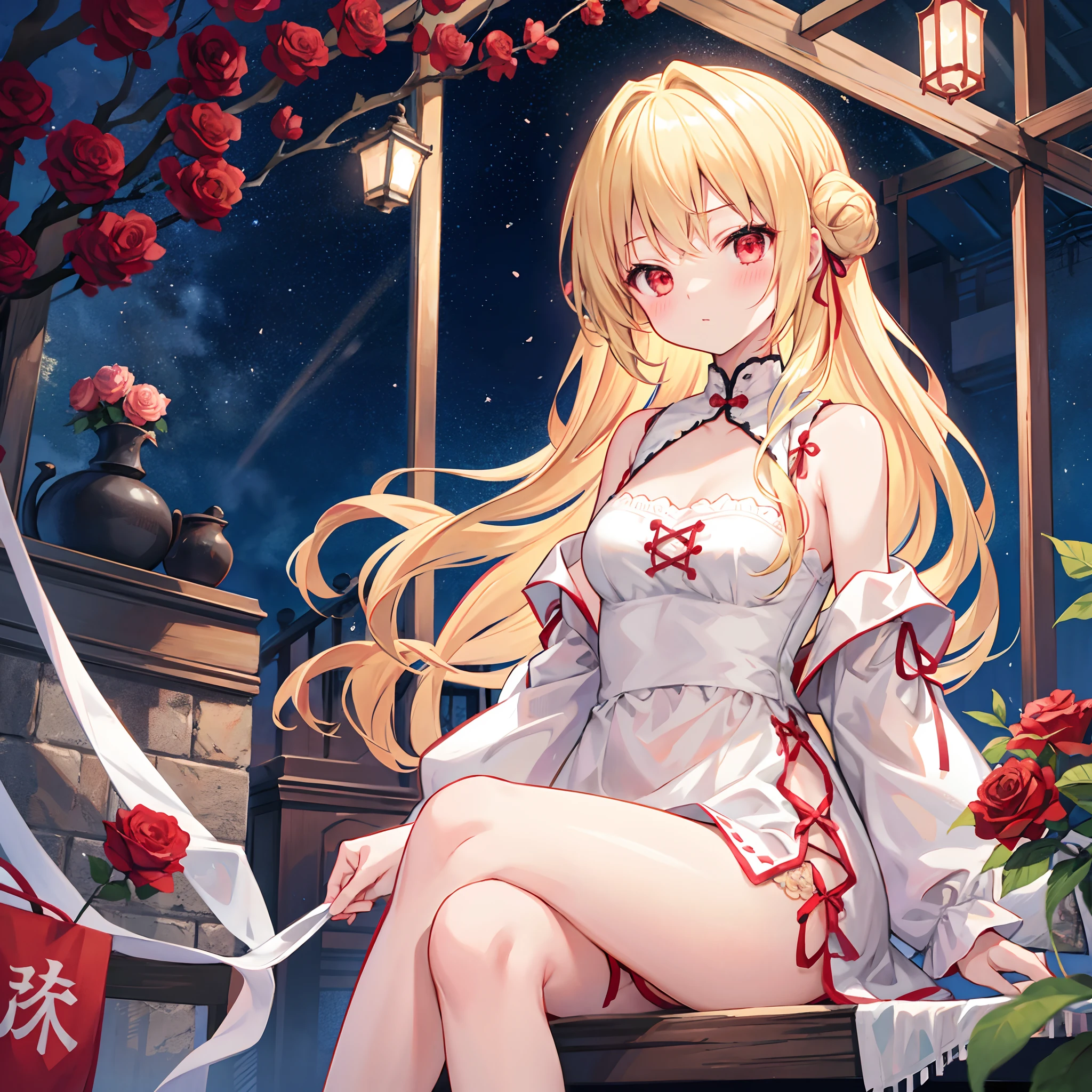 blonde  hair、Red-eyed girl、Sitting surrounded by roses、red blush、off shoulders、Mini Skirt China Clothing