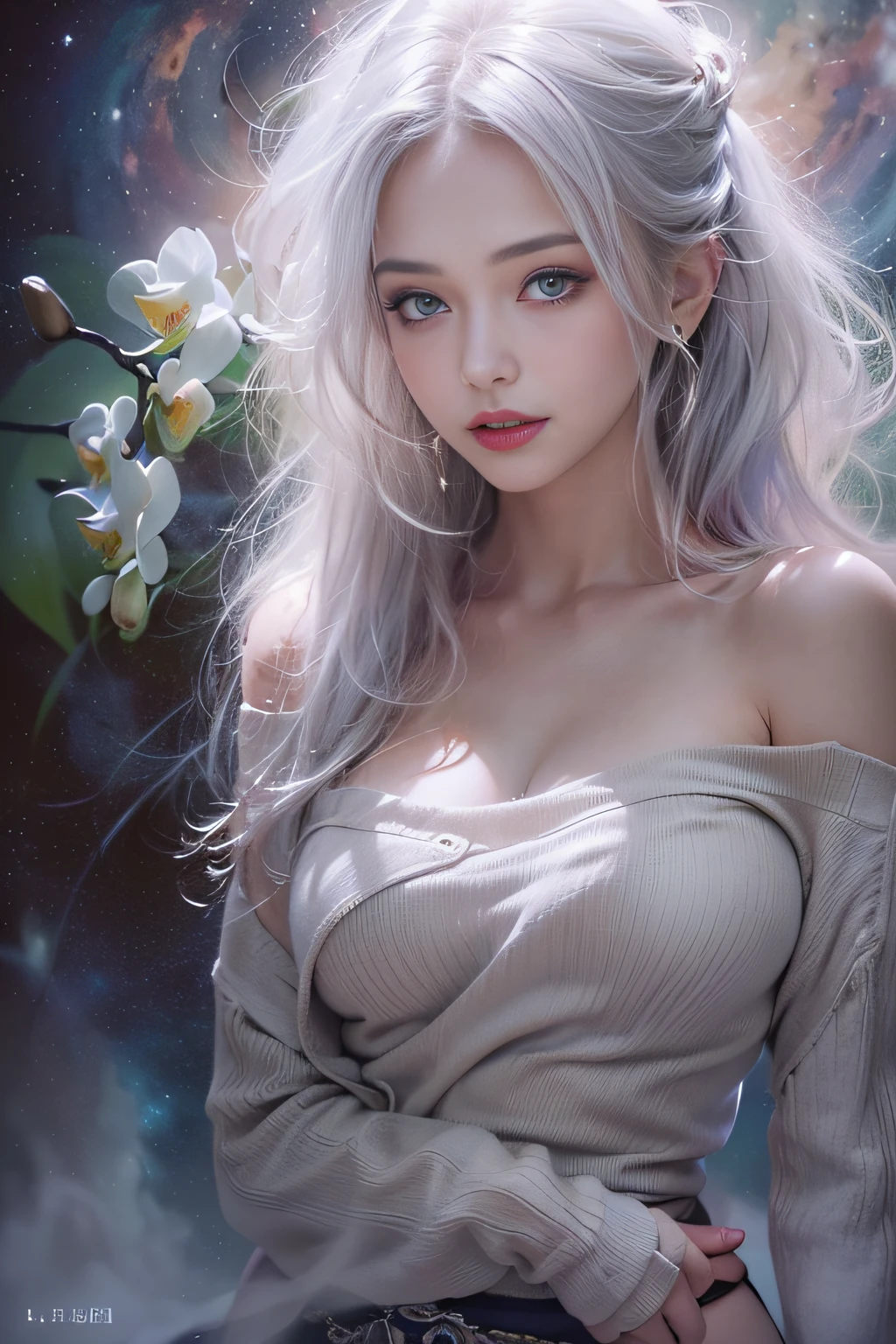 ((tmasterpiece:1.4)、(top-quality:1.4)、(reallistic:1.7))、By Luis Royo（By Luis Royo）Surreal portrait of a beautiful girl、Super beautiful girl、((1girl in:1.4))、Shiny natural skin texture、Authors：By Luis Royo（By Luis Royo）、age19、(Two arms:1.4、Two legs:1.4)、(perfect anatomia:1.4)、(Perfect female body:1.4)、Portrait photo of a girl、Close-up photos、Full body shooting、((masutepiece:1.4), (of the highest quality:1.4), (Realistic:1.7), By Luis Royo, Beautiful Girl, Super beautiful girl, ((1girl in:1. 4), Shiny natural skin texture, Authors: By Luis Royo, 19 years old, (Perfect female body: 1.4), (Perfect female body: 1.) 4), Portrait photo of a girl, Close-up photos, （Full body photo）, Fantasy Art, Soft front light, Beautiful expression, Kawaii face, Beautiful breasts, Large Full Breasted: 1. 2, Beautiful buttocks, Fine eyes, Clear and eye-catching, beautiful and alluring, Beautiful eyes, thin waist, Raw photo, Red lips, ((White hair, Long hair)) , 1 Screen View, ),((Off-the-shoulder hand-knitted sweater))、((Black tight skirt)）、 (sexyposture), (the milky way in the sky),((T-back panties))、((Black garters and garter belts))、(A smile)、((Vaginal orchids)）、((erection)）