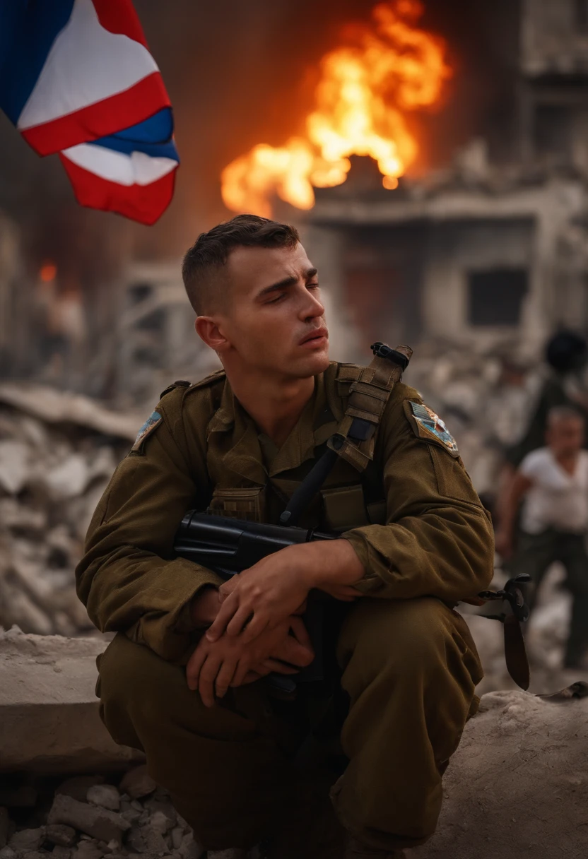 A soldier in war crying looking at the camera with tears in his eyes in his arms a sleeping baby, in the background the torn Israeli flag, City on fire and ruined bombed