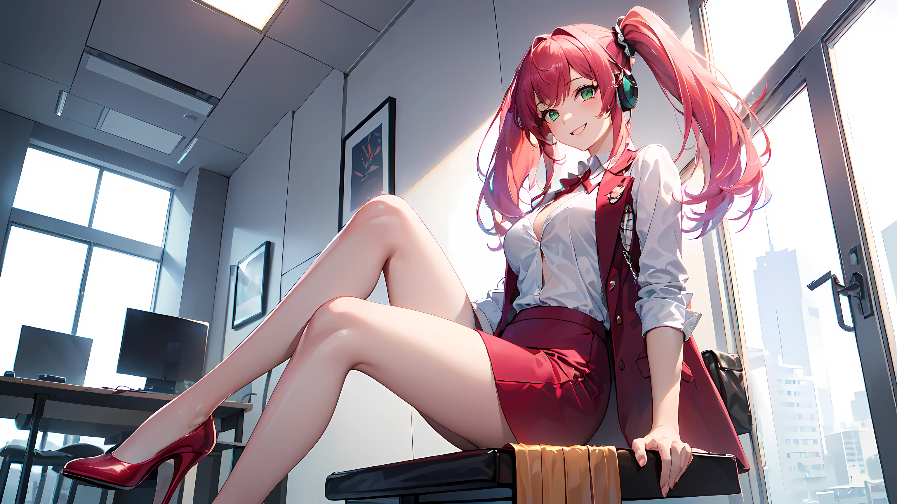 hd masterpiece, 1girl ((20year old, dressed in a tight red business suit, business suit jacket, tight white shirt, tight medium business skirt:1.2, high heels, medium breasts, multicolor pink hair, twin ponytails, perfect model body, green eyes:1.5, flirting, happy, big smile, wearing headphones, mid shot:1.3, sitting in a modern business office suite:1.2, with windows in the background:1.3, professional and casual atmosphere:1.2)) ((solo:1.6))