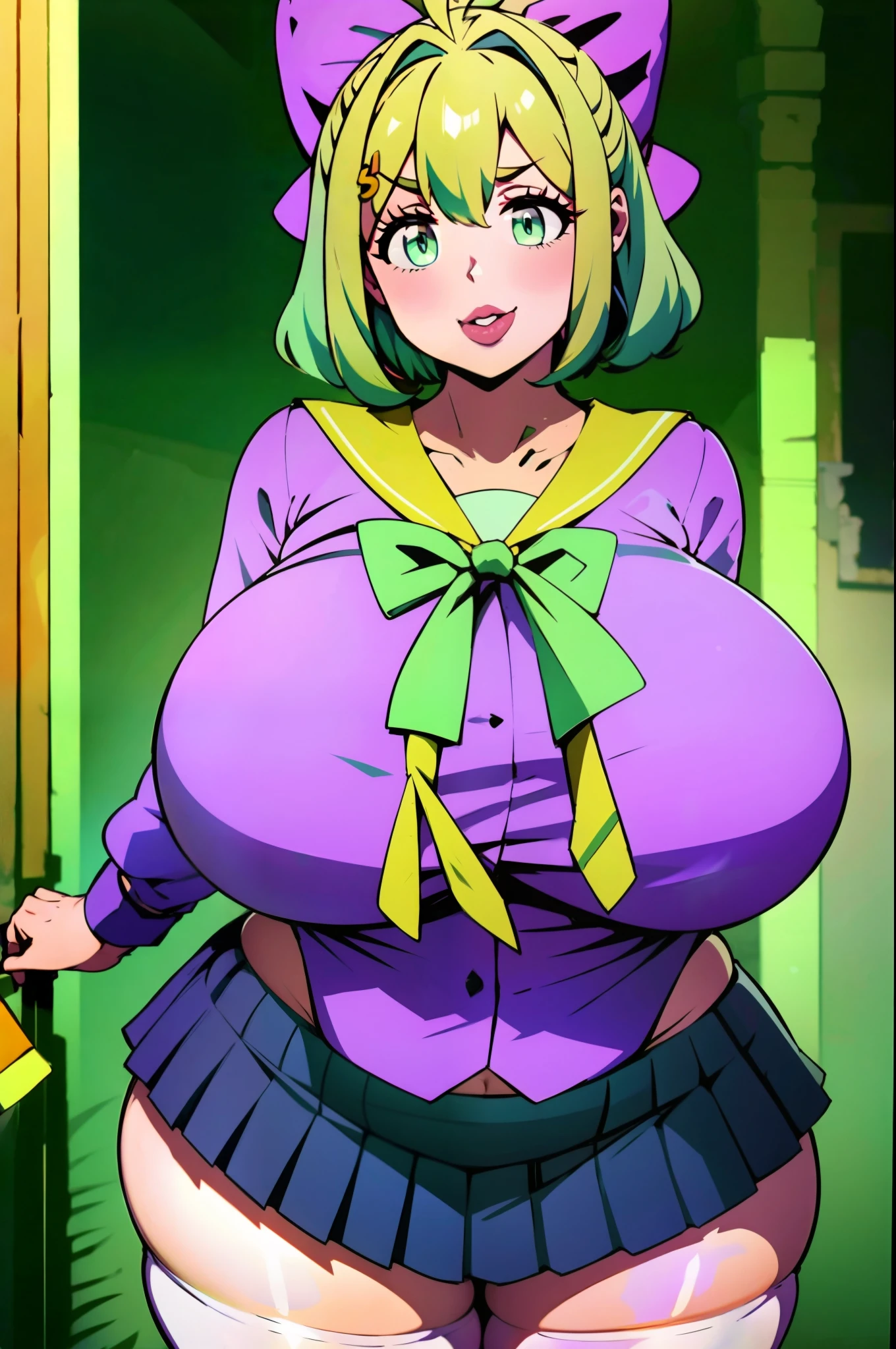 1girll, ((Bimbo))), Short green hair,  Wide hips, Thick thighs, Huge ass,  ,natural breast,, Hanging breasts, Take off your bra,，, Green short bob hair, Issuing，Hair Bow，Antenna hair, Green eyes, a sailor suit，Suitable for hair between the eyes, Sailor collar, Purple and yellow sailor collar，Striped sailor suit，Pleated skirt in blue color，White stockings)