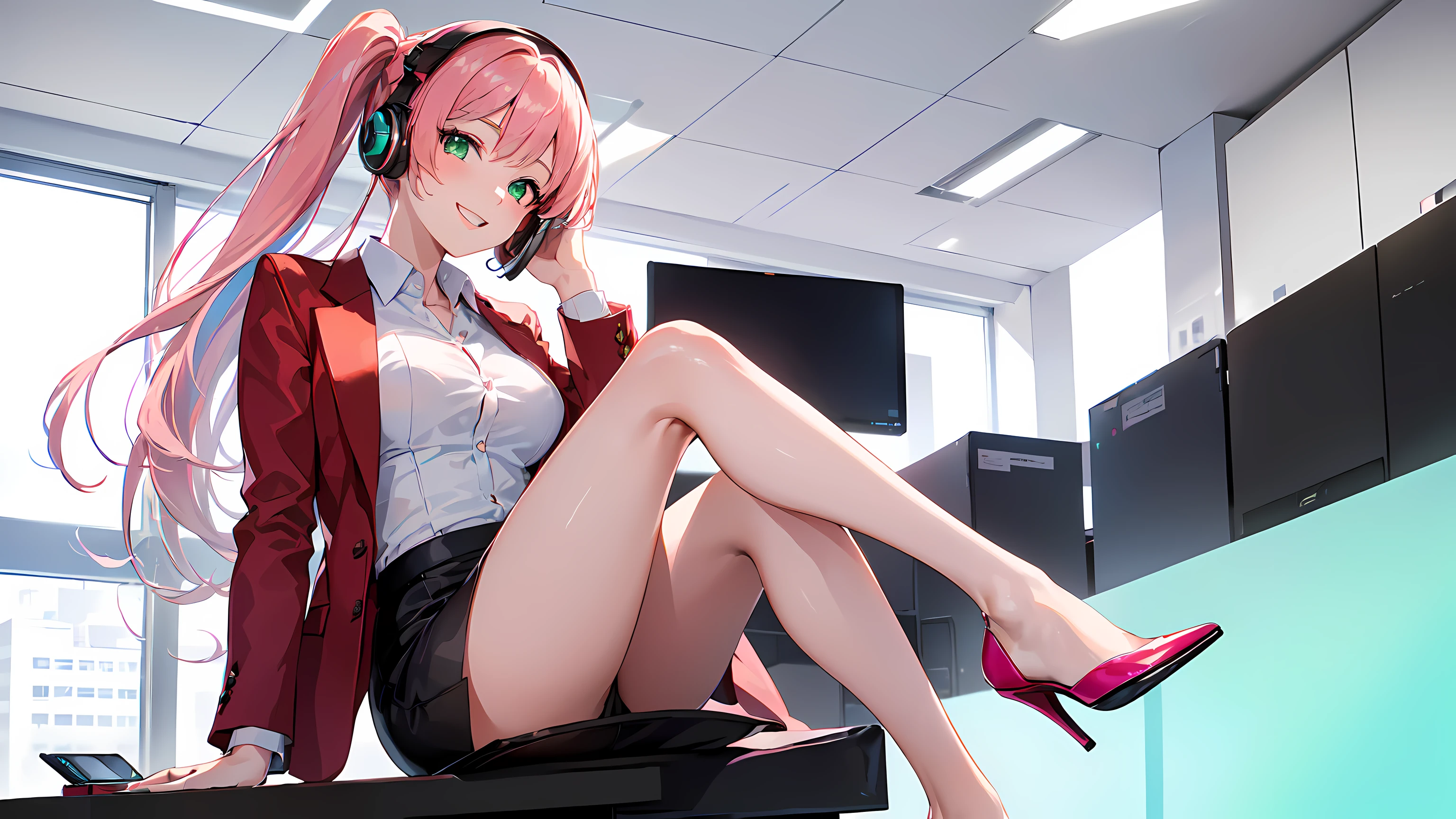 masterpiece, 1girl ((20year old, dressed in a tight red business suit, business suit jacket, tight white shirt, tight knee length business skirt, high heels, medium breasts, multicolor pink hair, twin ponytails, perfect model body, green eyes:1.5, flirting, happy, big smile, wearing headphones, looking at viewer, sitting in a modern business office suite:1.2, with windows in the background:1.3, professional and casual atmosphere:1.2)) ((solo:1.6))