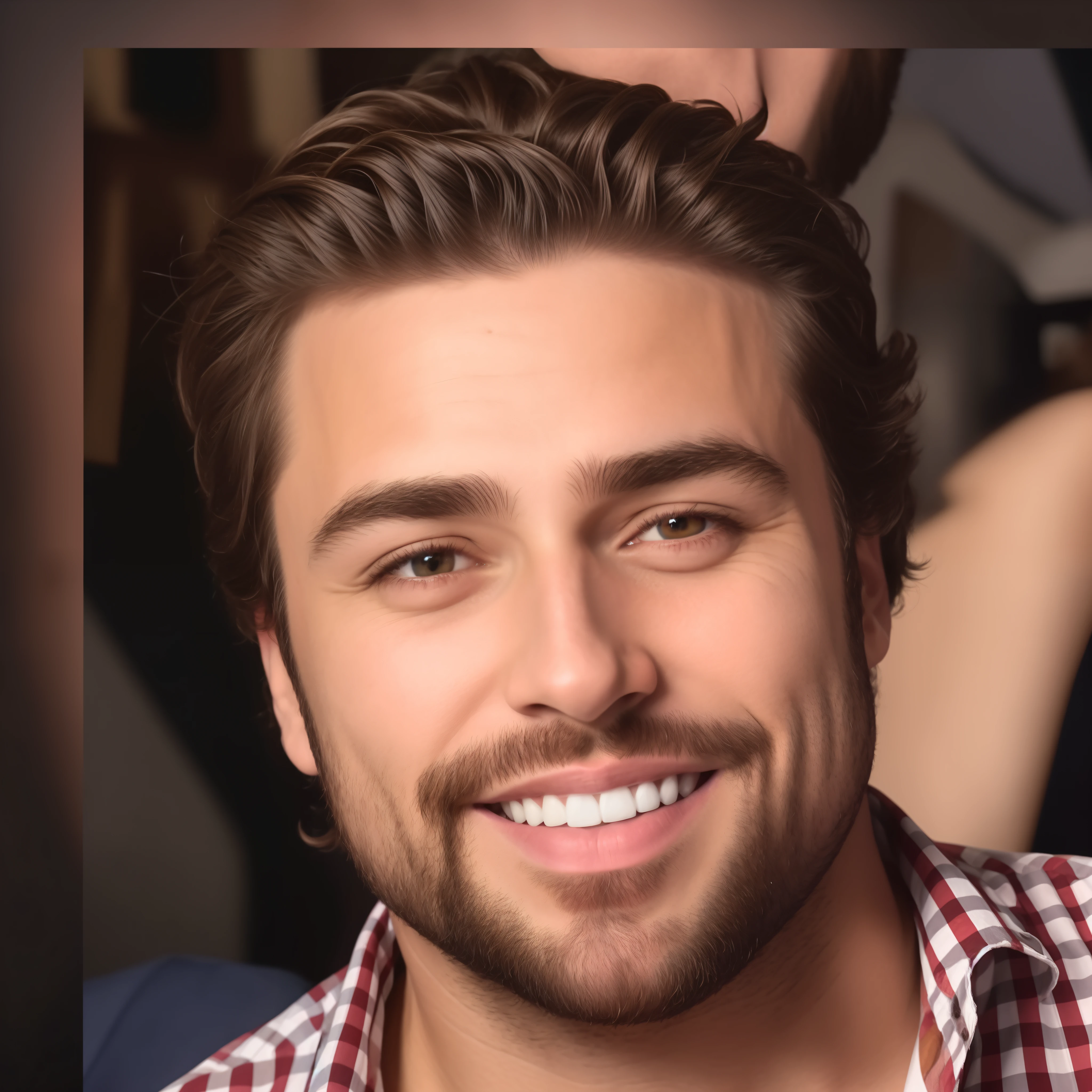homem arafed com barba e camisa xadrez sorrindo, olhando para frente, olhos castanhos, Brown hair slicked back, 43 anos, disney pixar cartoon
