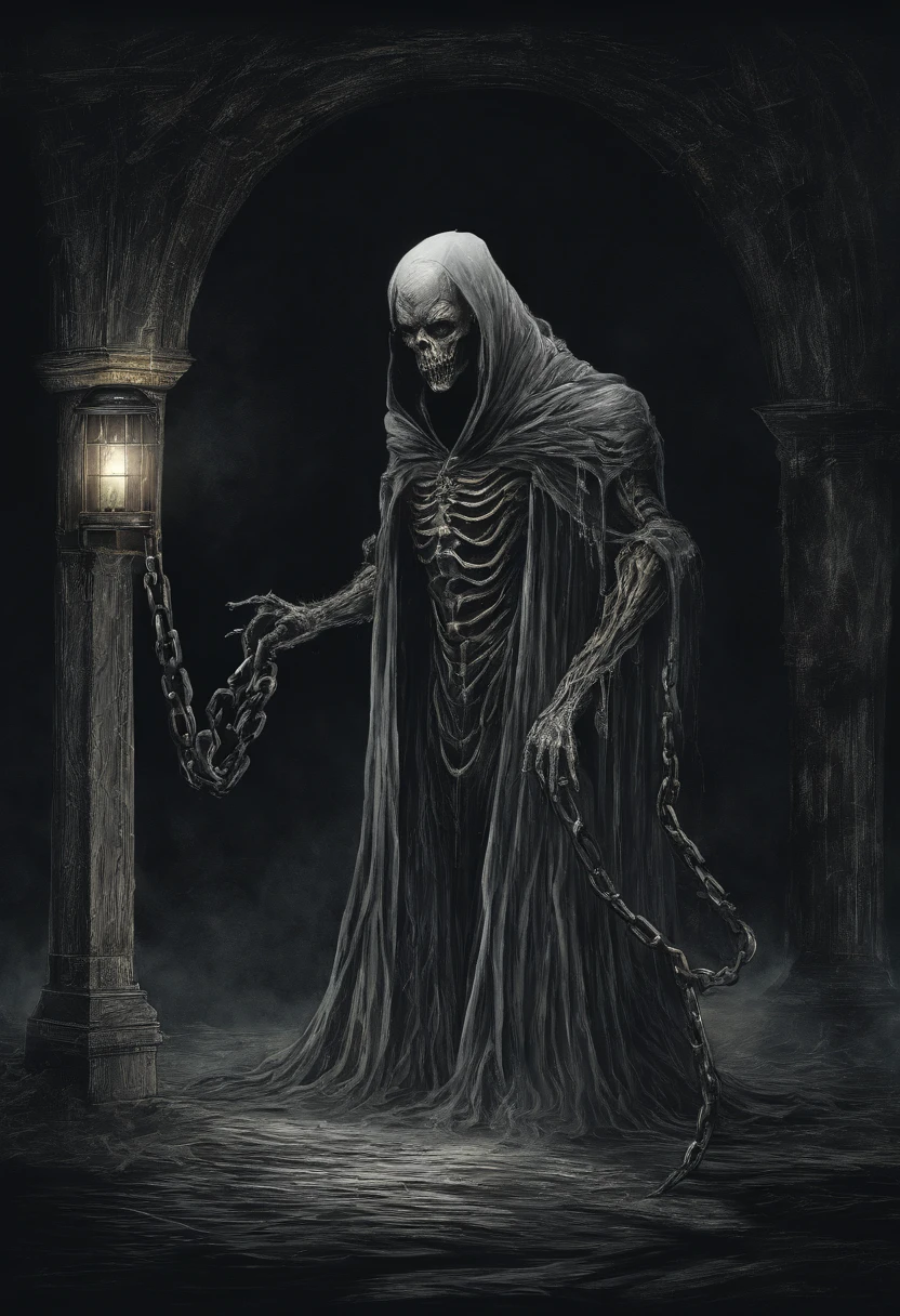Humanoid monsters with no physical body,The appearance is a pitch-black cloak,Wrapped in chains,There is a lantern hanging from the chain,Glows a yellowish light