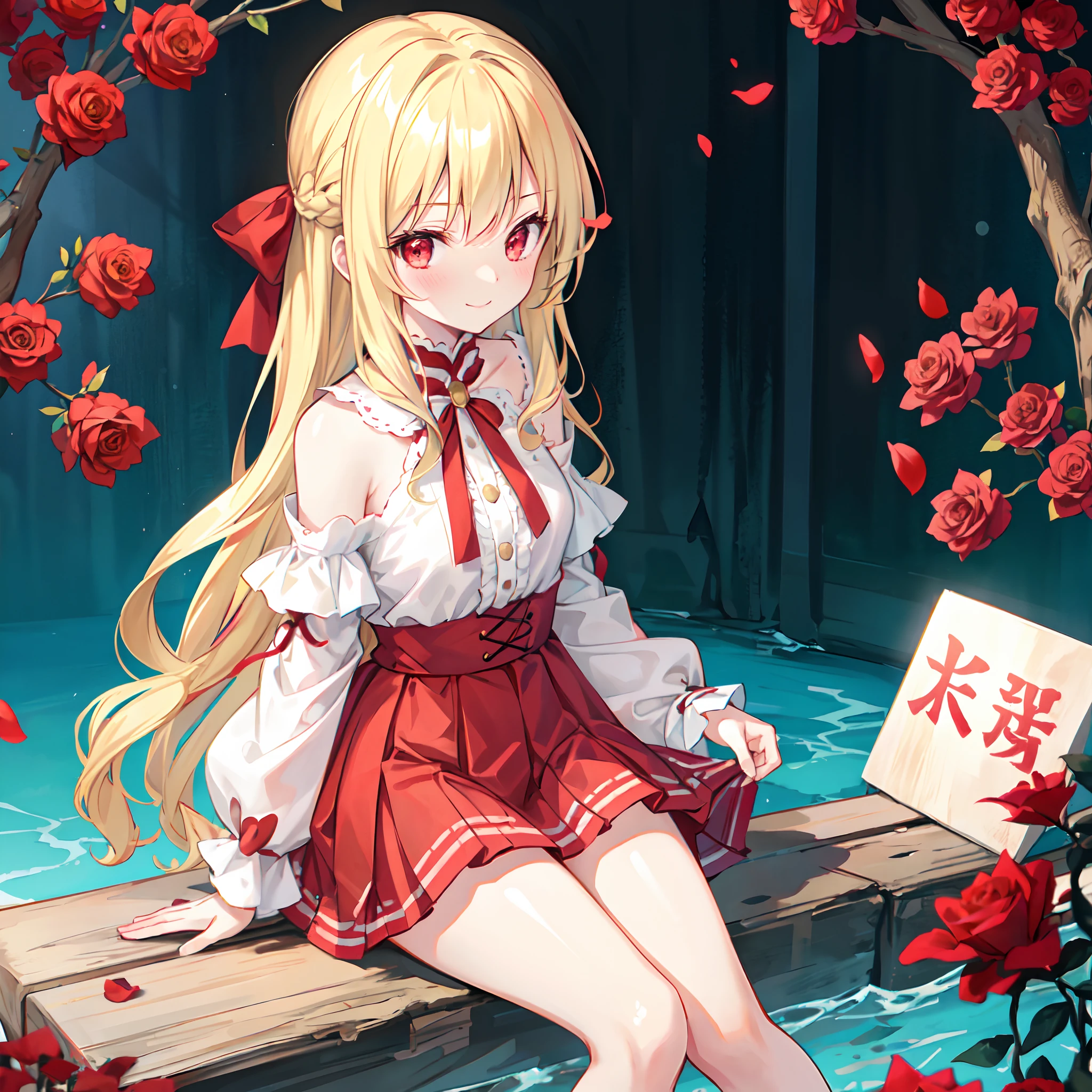 Wavy blonde、1 girl with red eyes、独奏、doress、off shoulders、a miniskirt、Sitting surrounded by roses、a smile