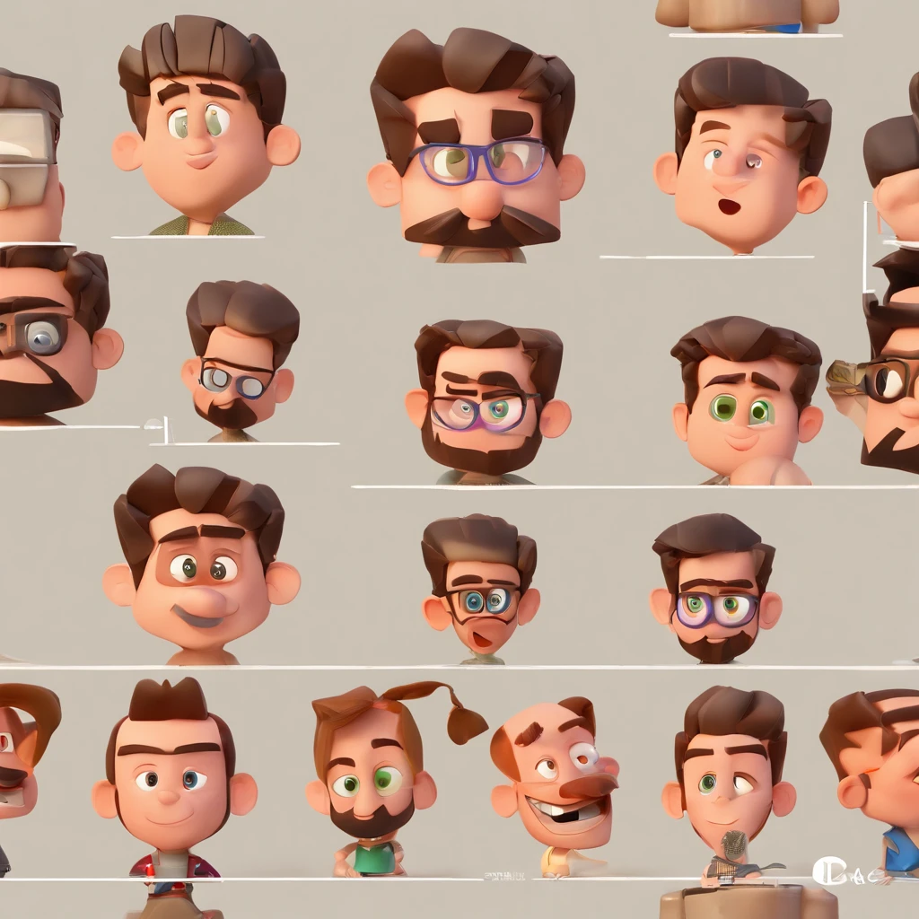 Criar um personagem no estilo Pixar. Trata-se de um homem de 30 anos, com barba, Branco, com cabelos castanhos curtos e um quiff, e olhos castanhos. Ele deve estar na frente de um computador, Trabalhar como designer