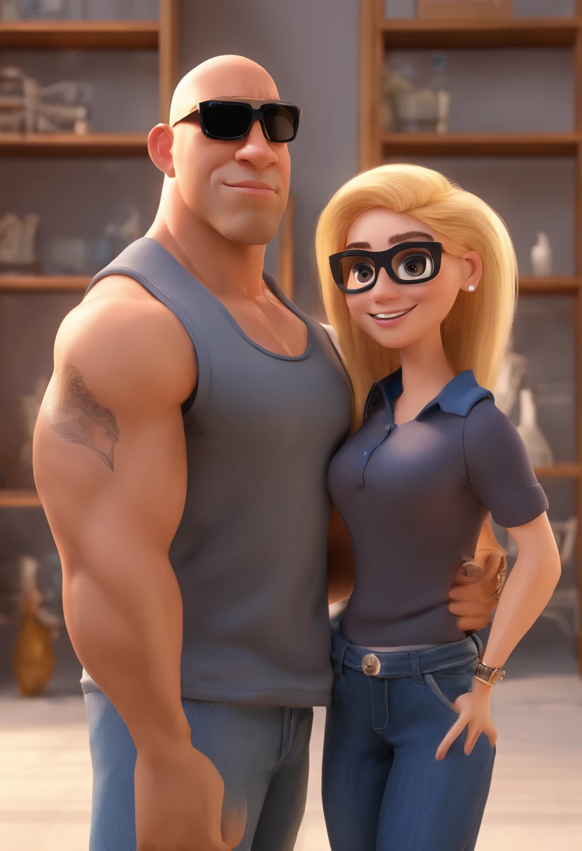Estilo Pixar: Black Vin Diesel Adult Man in Top Tank Top Hugging Blonde Woman Medium Hair Wearing Sunglasses, Jeans e camisa preta em uma sala de aula