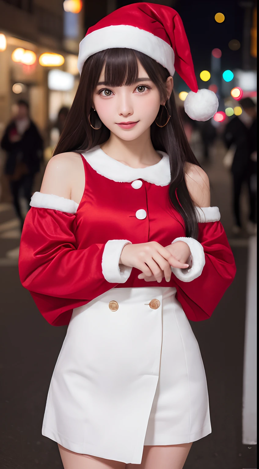 Red Santa Claus Cosplay、Odious appearance、thighs thighs thighs thighs、a miniskirt、A sexy、The appearance of the crotch open、Wide open crotch、M-shaped legs、Smile、natta、Raw photography、(((Ultimate Beauty Portrait)))、((glistning skin))、女の子1人、((Big eyes that shine like jewels))、Clothes with visible breasts、Plump milk、Glossy glossy skin、(Medium Hair)、(Silky Ponytail Hair)、(frombelow)、eye liner、Beautiful bangs、((​masterpiece、top-quality、ultra-detailliert、Film Light、intricate-detail、hight resolution、ighly detailed))、细致背景、8KUHD、Digital SLR、Soft light、hightquality、Film grain、FujifilmXT3 、Shallow depth of field、natural soft light、Kamimei、Lush bust、Standing on the streets of Shibuya at night、Scramble crossing、Revealing clothing、Red Santa Hat、Santa's Girl